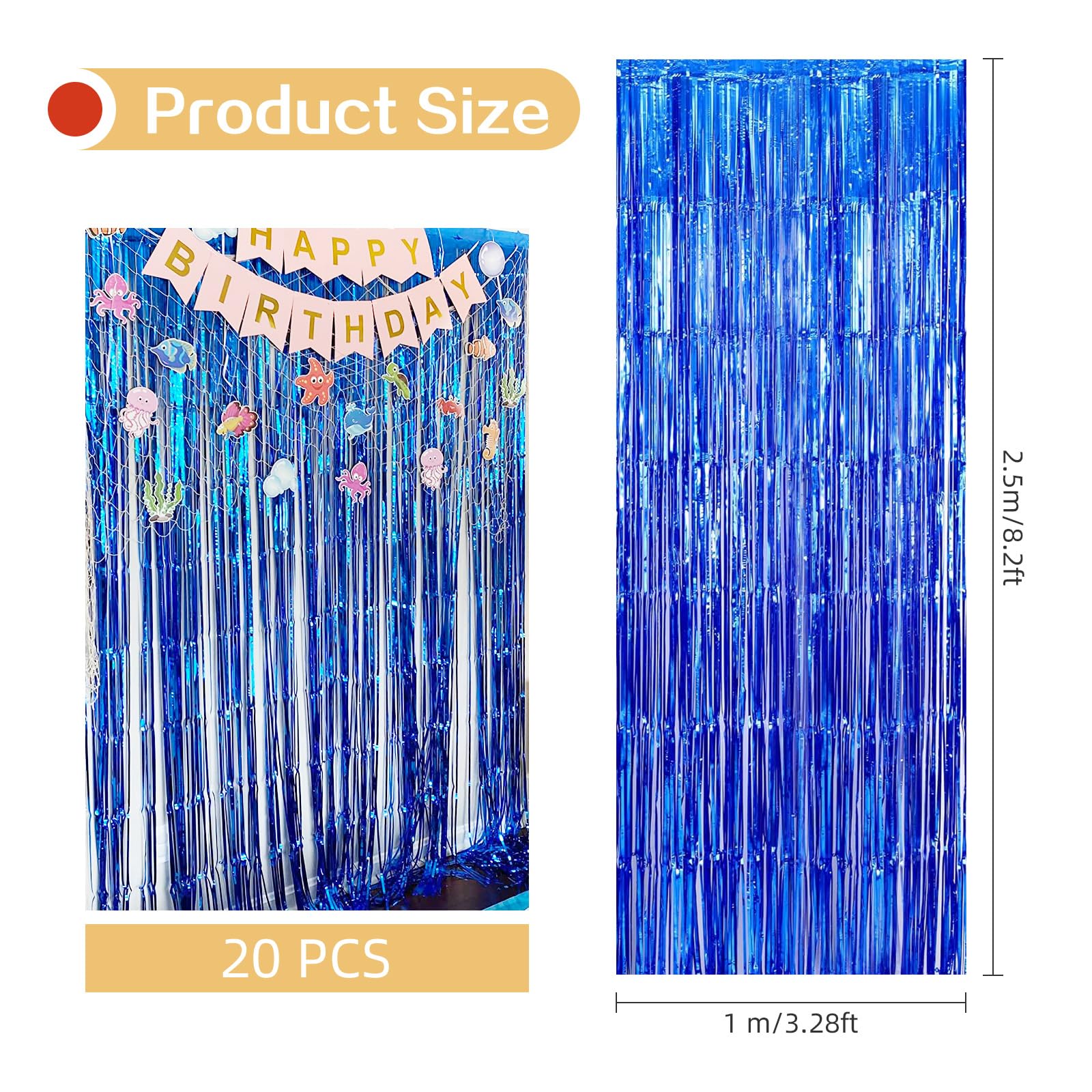 Paquete de 20 cortinas de telón de fondo de aluminio azul de 3.2 pies x 8.5 pies, cortinas de telón de fondo con flecos metálicos de oropel para decoraciones de fiesta de cumpleaños, cabina de