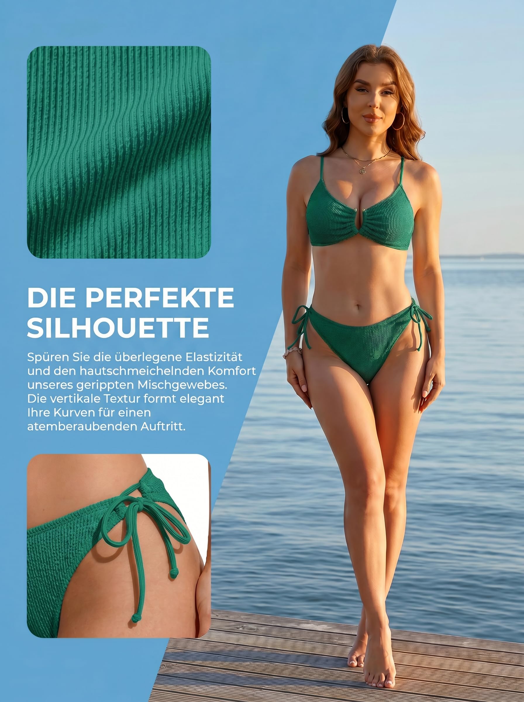 HORISUN Damskie bikini, dwuczęściowy zestaw bikini, marszczony materiał strukturalny, Push U, górna część z regulowanymi ramiączkami, cheeky, dolna część boczna, sznurowanie boczne, moda kąpielowa na