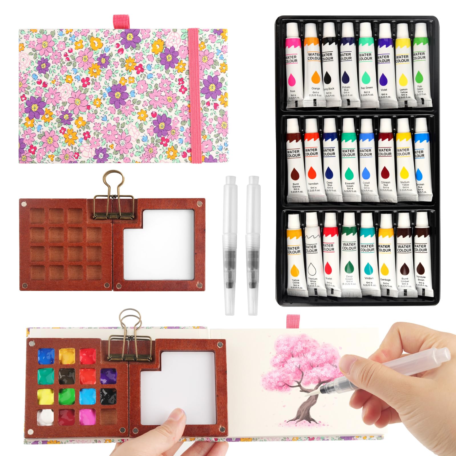 Mini Aquarell Travel Set 24 Farben, Wood Pocket Artist Aquarell-reiseset mit Aquarellpapier Aquarellpinsel Stiftel Clip, Skizzenbuch Palette Set 15 Grids für Outdoor Skizze, Anfänger (Rosa)