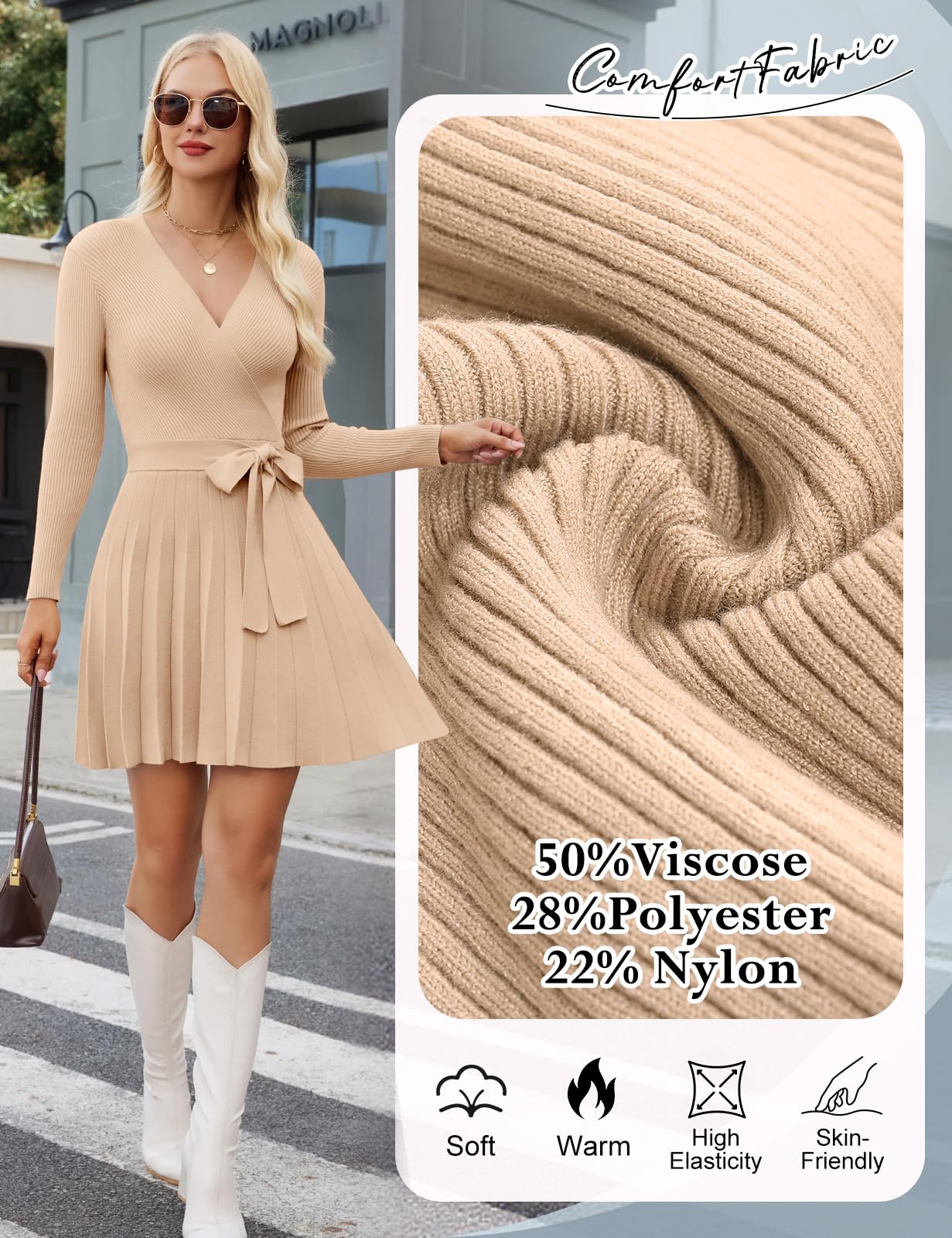 heekpek Robe Pull Femme Hiver Col en V Robes à Manche Longue Sexy Robe Femme Chic et Elegant Automne Elegante Tricot Plissée Jupe avec Ceintures