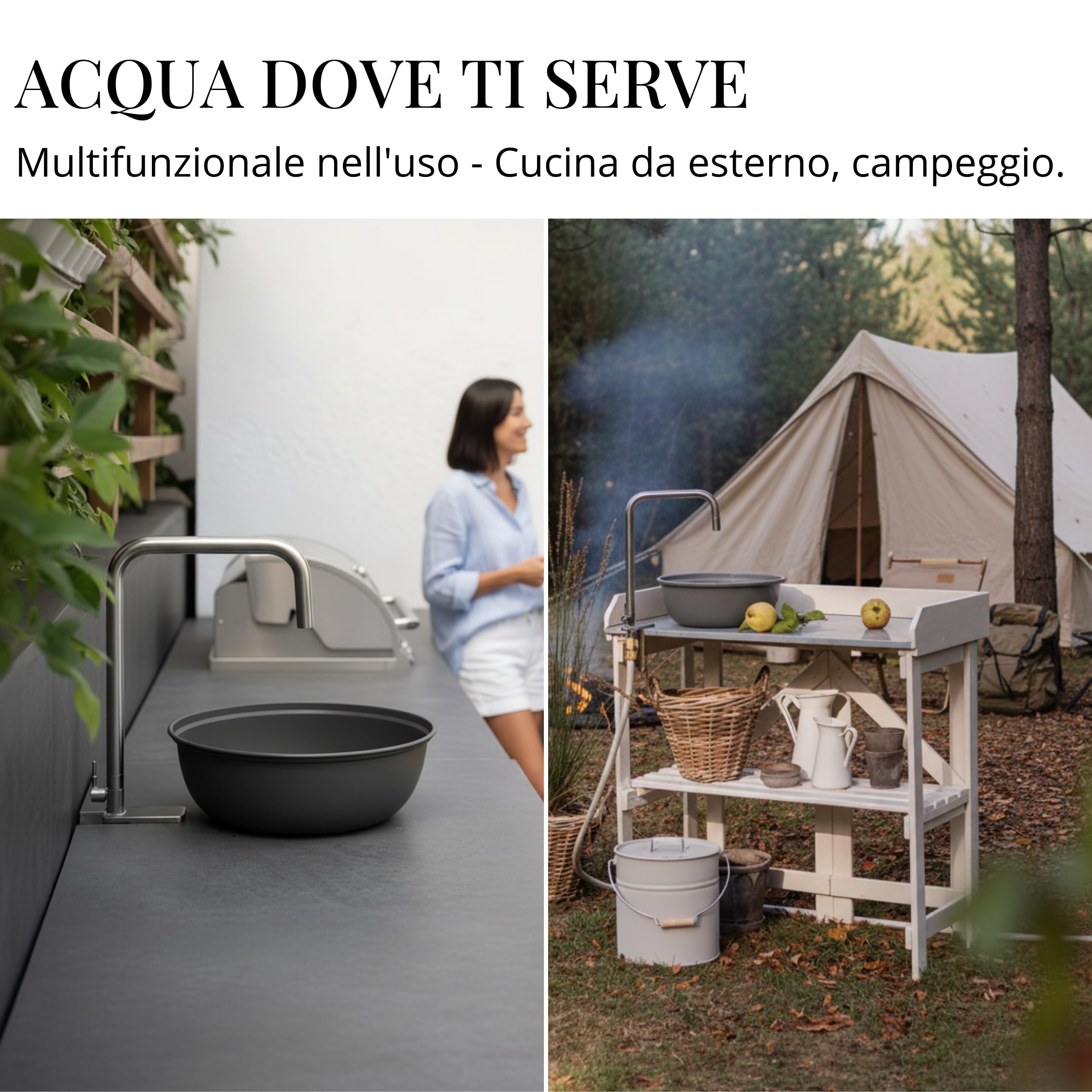 Set da cucina all'aperto Livlig, rubinetto in acciaio inox di alta qualità, tubo dell'acqua potabile e bacinella di lavaggio in metallo, lavandino mobile per giardino, campeggio e cucina all'aperto in