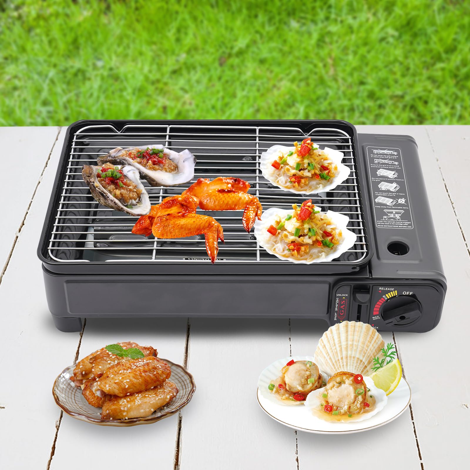 BBQ grill przenośny kempingowy kuchenka gazowa, grill butan, kuchenka gazowa, kuchenka trekkingowa, zestaw z pędzlem, wanna na olej, kuchenka kempingowa, płyta grillowa, siatka grillowa, regulowana