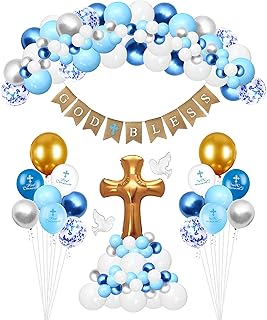 133pcs Baptism(Bautizo) decorations,first communion decorations for boys and girls.god bless banner confirmation decorations party supplies,birthday wedding baby shower party decorations balloon.