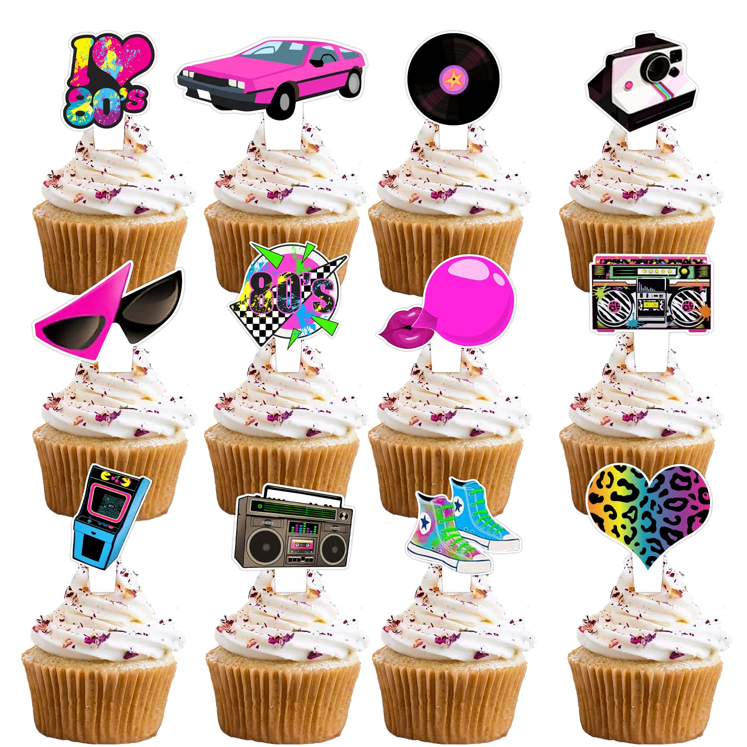 24pcs Double-sided Dessert Cupcake Topper Pick for Retro 80s Rock Roll Theme Theme Decor Supplies Boys Girls Happy Birthday Music Party Decorations