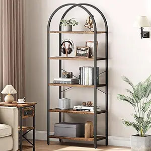IDEALHOUSE Bookshelf 5 Tier Bookcase Arched Display Racks Tall Standing Bookshelves Metal Frame Modern Storage Rack Shelf Large Wood Book Shelf for Bedroom, Living Room, Home Office