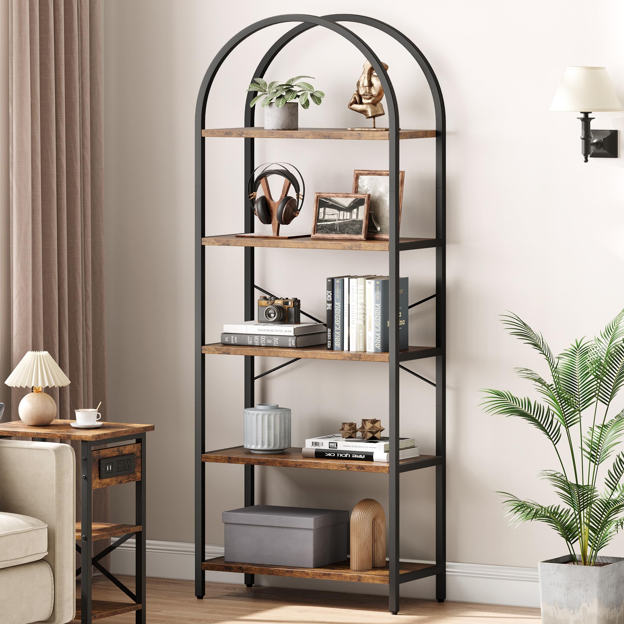 IDEALHOUSE Bookshelf 5 Tier Bookcase Arched Display Racks Tall Standing Bookshelves Metal Frame Modern Storage Rack Shelf Large Wood Book Shelf for Bedroom, Living Room, Home Office (Rustic Brown)