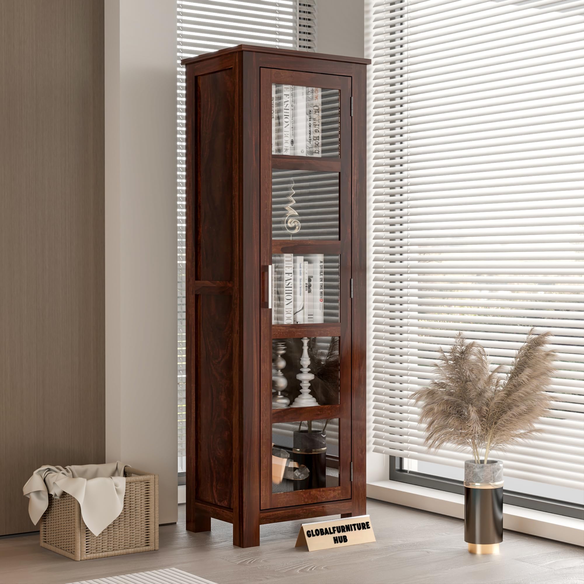 GFH Sheesham Wood Crockery Cabinet | Kitchen Cabinet | Bookshelf | Wooden Storage Cabinet | Wardrobes (Walnut Finish)