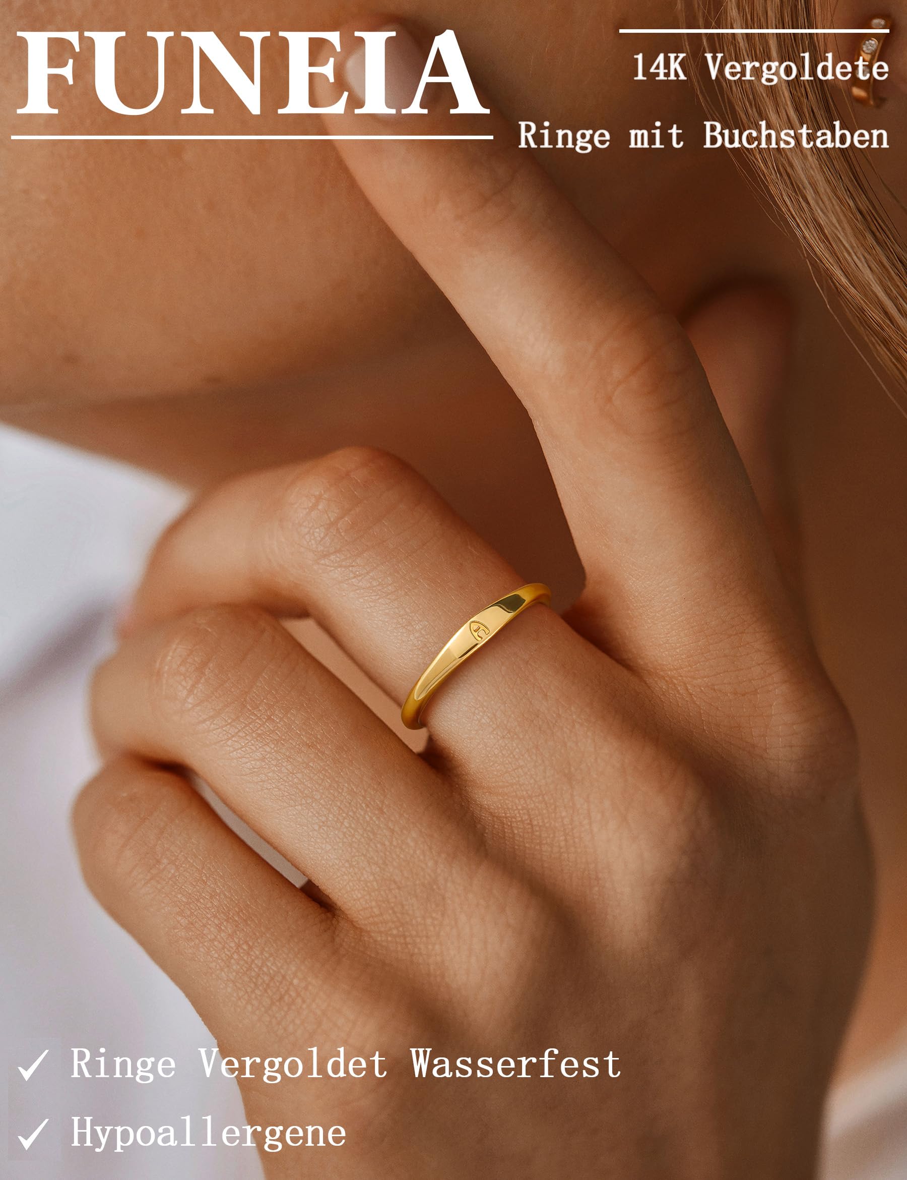 FUNEIA Oro Anello con Iniziale Anelli Donna Ragazze Oro 14K Anelli Con Lettera Nome A-Z Fini Personalizzato Anelli Impilabili Semplici e Raffinati Regalo di Accessori alla moda per Gioielli Donna