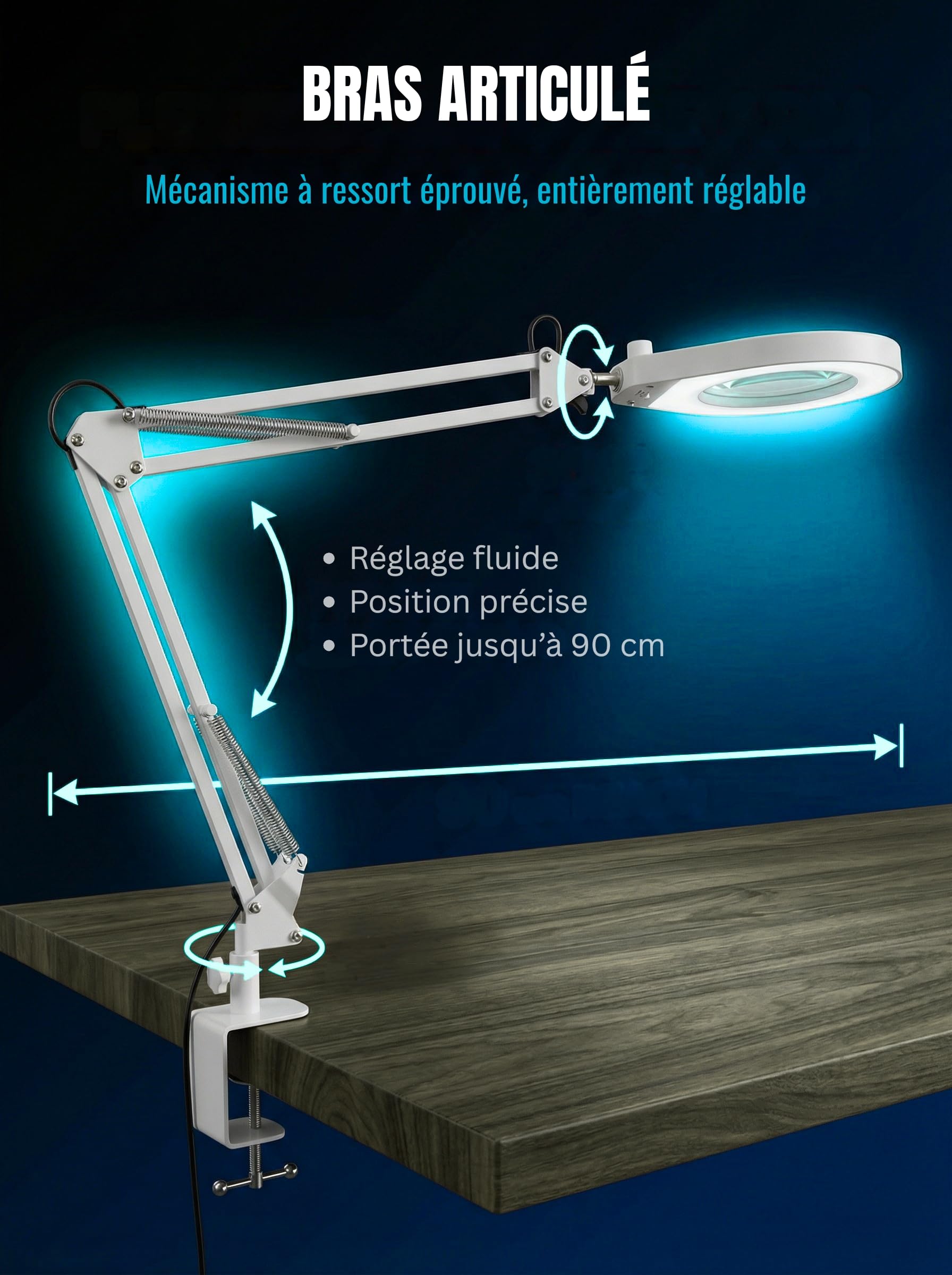 Lampe Loupe LED avec Pince & Bras Articulé – 5 Dioptries, Dimmable