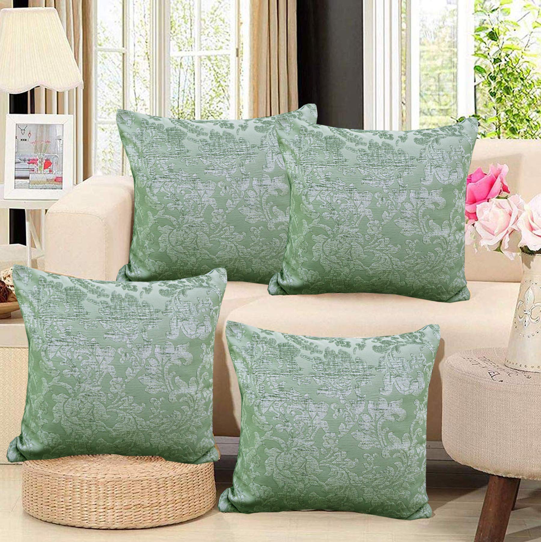 R home Jacquard Woven Reversible Cushion Cover | Pack of 4 | 16 X 16 INCH, 40 X 40 CM | Light Green Velvet Decorative Throw Cushions (B08R8XCK2R) Amazon Price History, Amazon Price Tracker