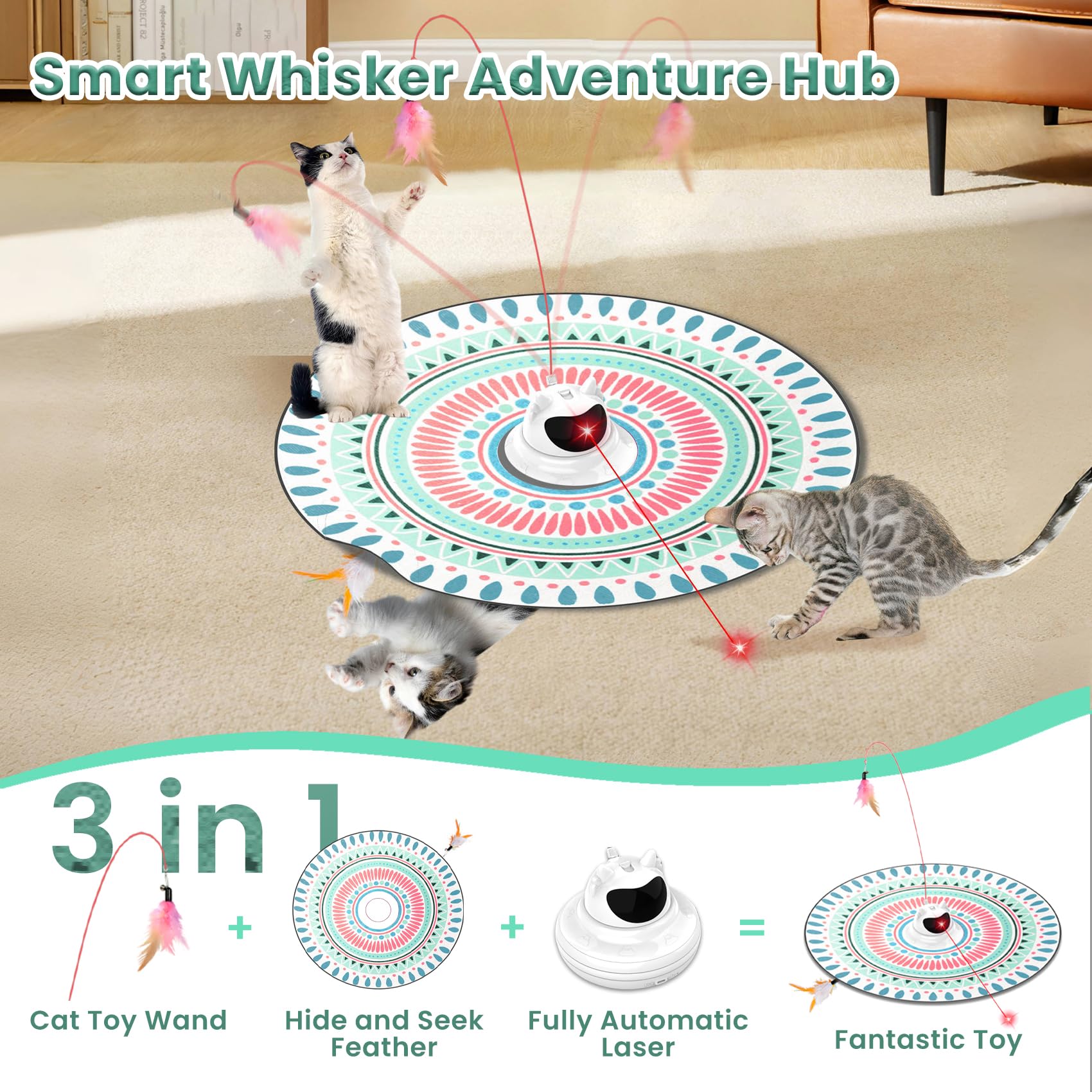Petinstinct 3 in 1 Automatic Interactive Cat Toy, Cat Laser Pointer Toy with Random Trajectory, Hide and Seek Moving Feather, Rechargeable Electronic Teaser Wand for Bored Indoor Cats