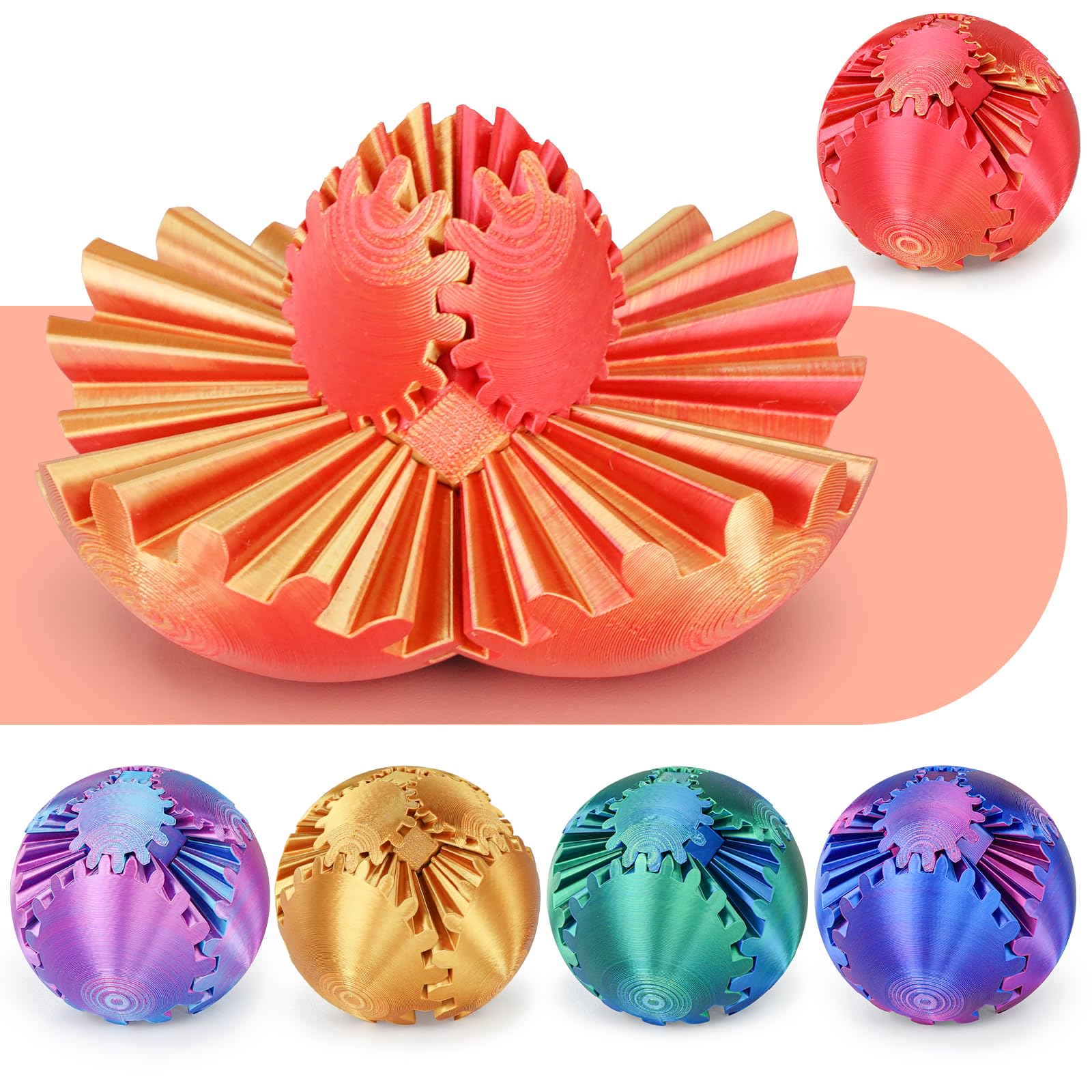 Gear Ball 3D Printed Spin Ball or Cube Fidget Toy,Gear Sphere Fidget Toy,Fidget Ball Gear Toy for Stress and Anxiety Relief, Stress Ball GearSphere Desk Toy for Adults &amp; Kids(Golden Red, 3.1 Inch)