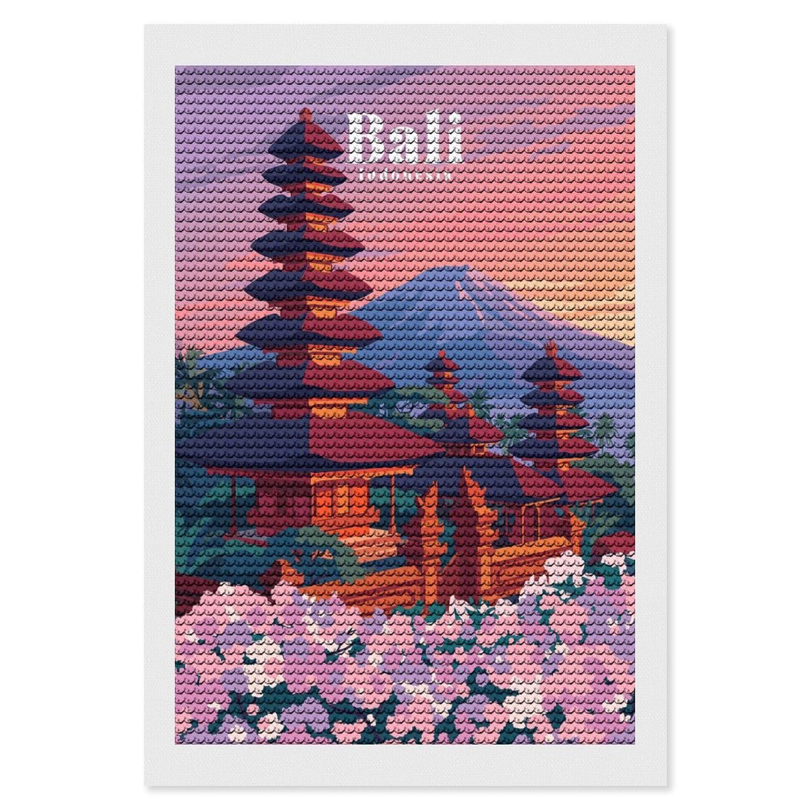 Junmoney Bali Indonesia Diamond Painting Canvas Set 8"x12", for Craft Lovers, Decorate Your Room, Festive Craft Gift, Vintage Style Decor