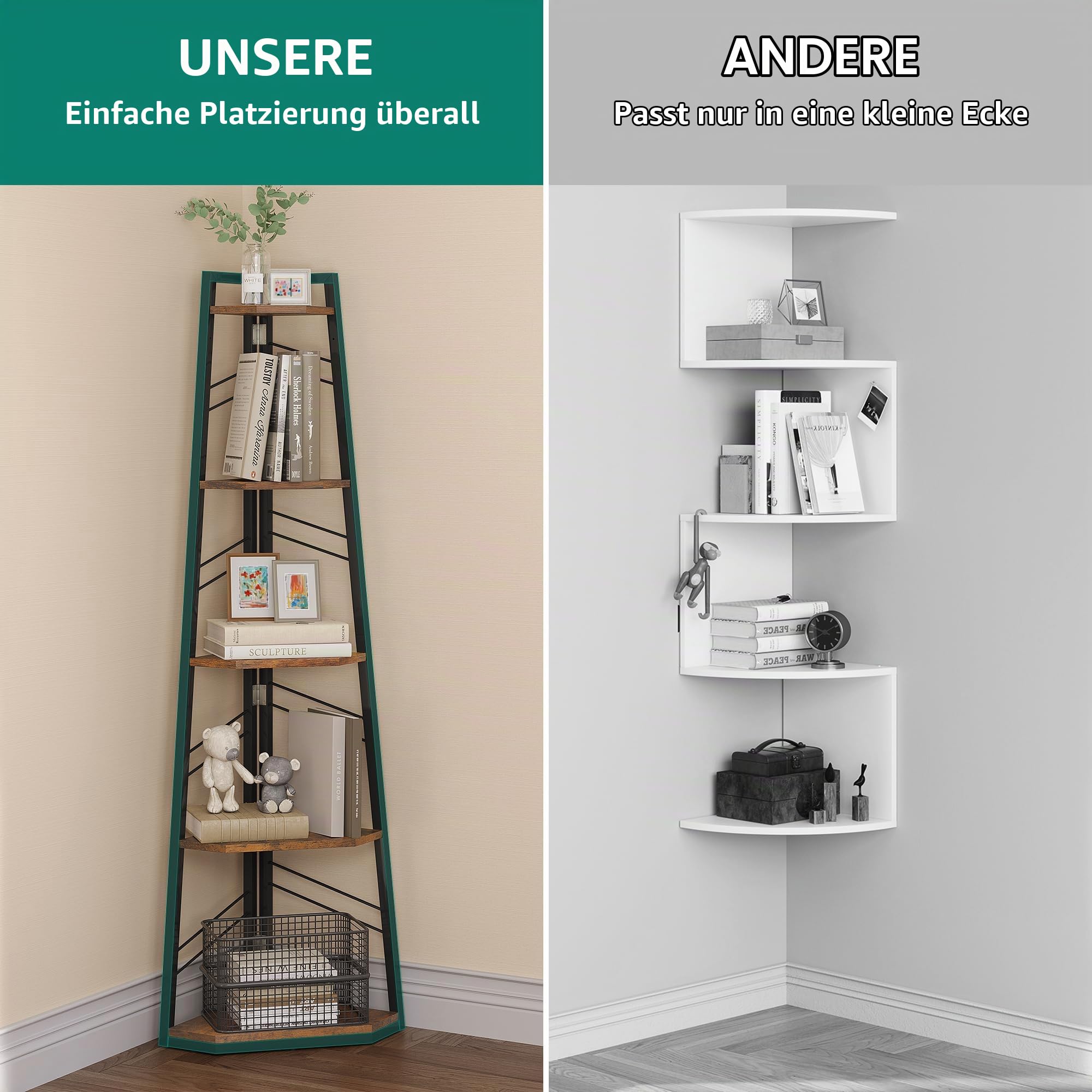 DWVO Eckregal 5 Ebenen, Eckbuchhandel mit Metallrahmen, Industrial Ladder -Bücherregal, Bodenständiges Displayregal, Hoher Speicherregal, für Wohnzimmer, Küche, Schlafzimmer, Vintagebraun Standregal