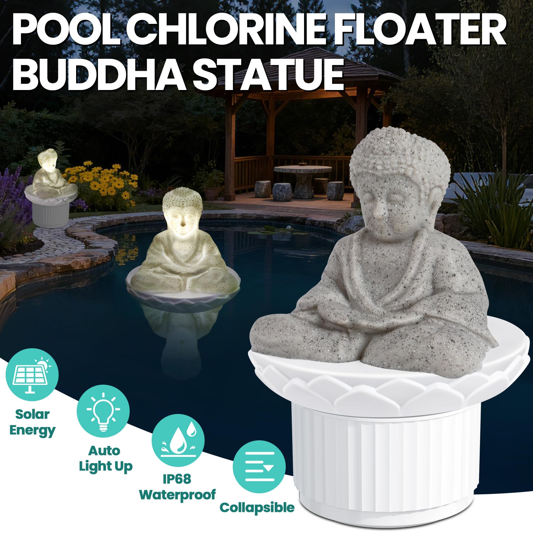 PRAXXIS Galleggiante solare per cloro, statua di Buddha galleggiante per cloro con luce solare, dispenser di cloro galleggiante regolabile per piscina, galleggiante per cloro pieghevole, galleggiante