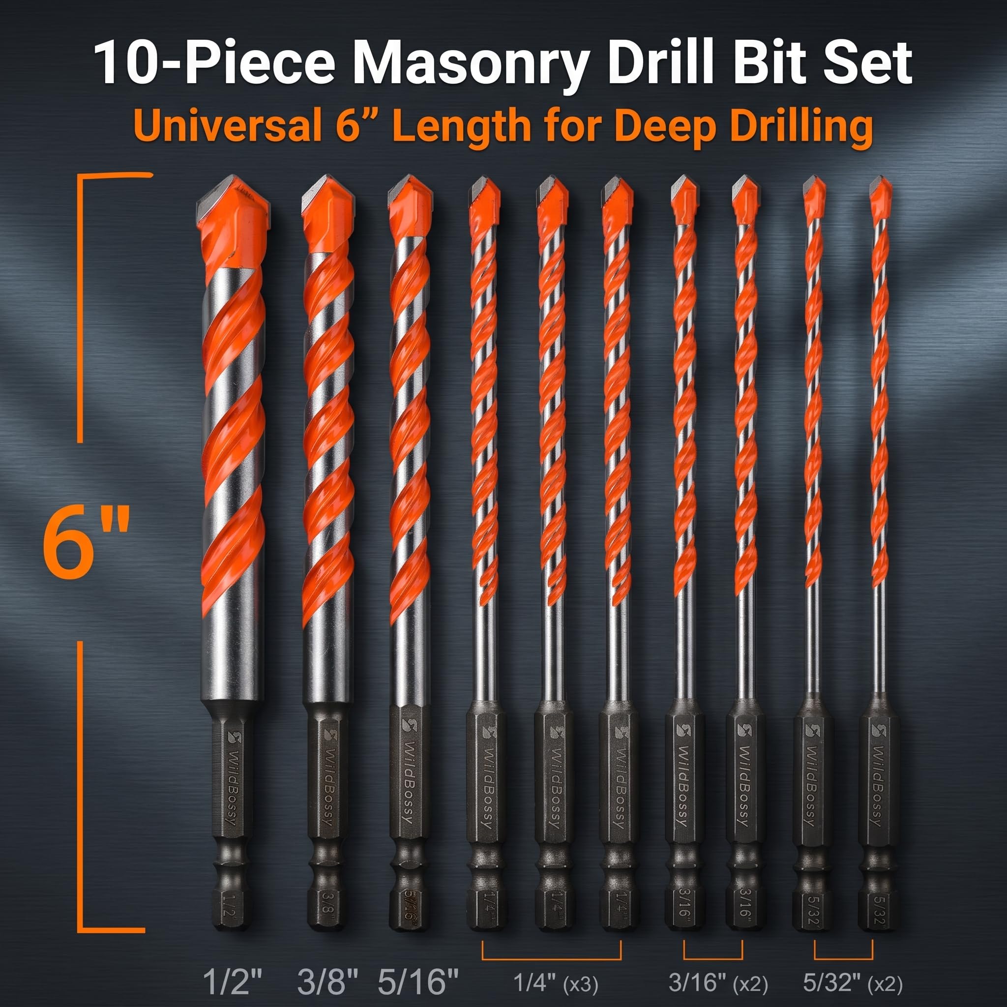 5/32"-1/2" 10PCS Hex Shank Masonry Drill Bits L8852