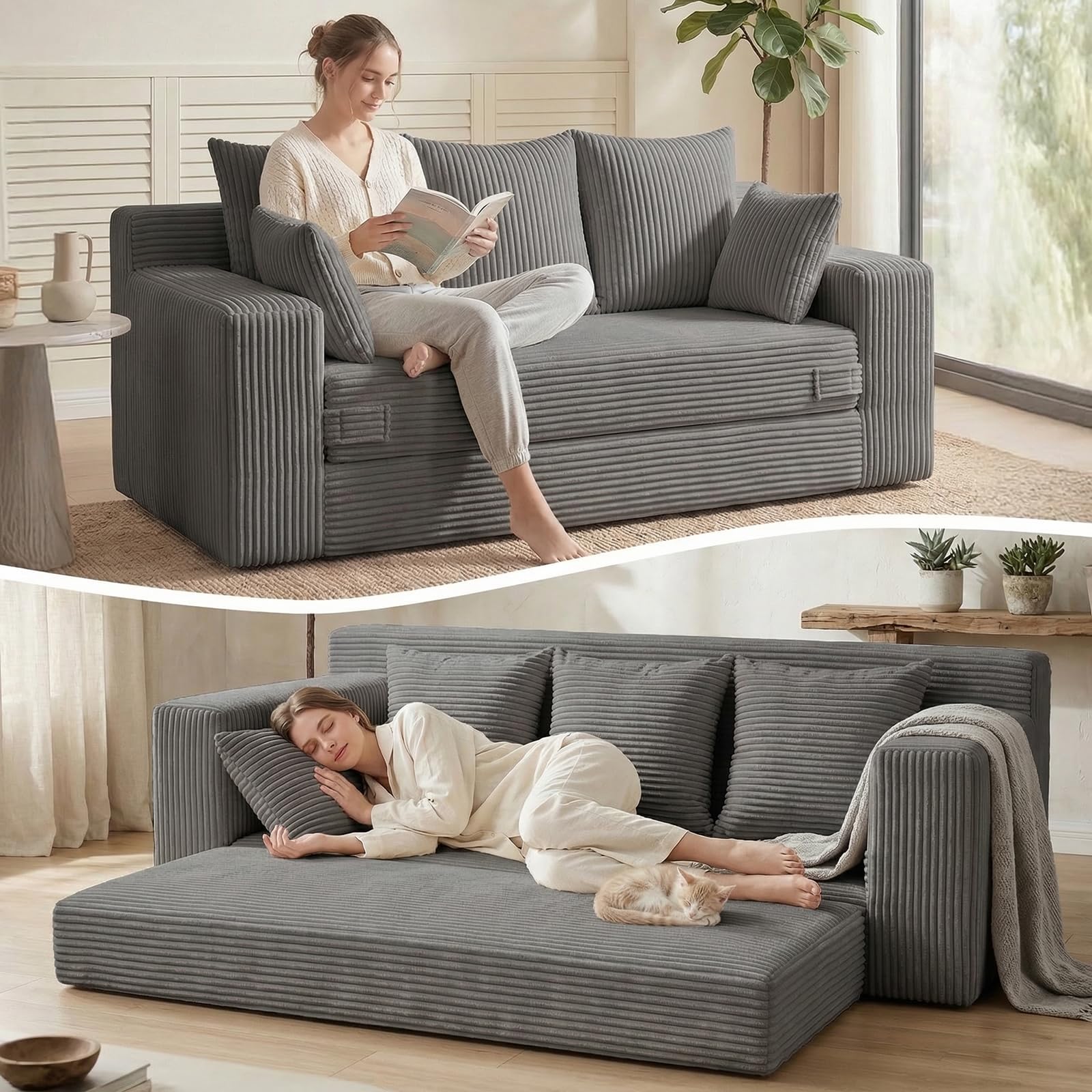 Oversize Loveseat Boneless Convertible Sofa Bed, Folding Floor Futon Sleeper Sofa Queen Size Couch Bed- Boneless Foldable Couch, Corduroy Pull Out Sofa Bed with 5 Pillows for Living Room & Bedroom