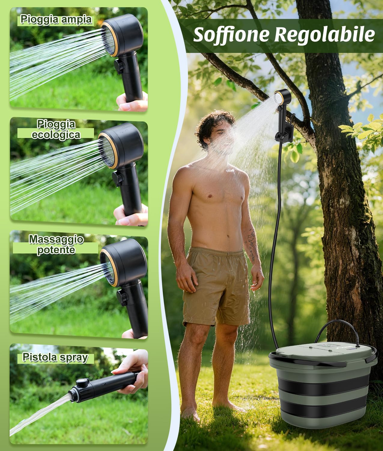 WADEO 2026 Nuova Doccia Portatile, [Secchio Antiperdita e Pompa Integrati] [13000mAh], 5 velocità e 4 modalità di Getto, per Campeggio, Camper, Animali Domestici, Spiaggia, Giardino