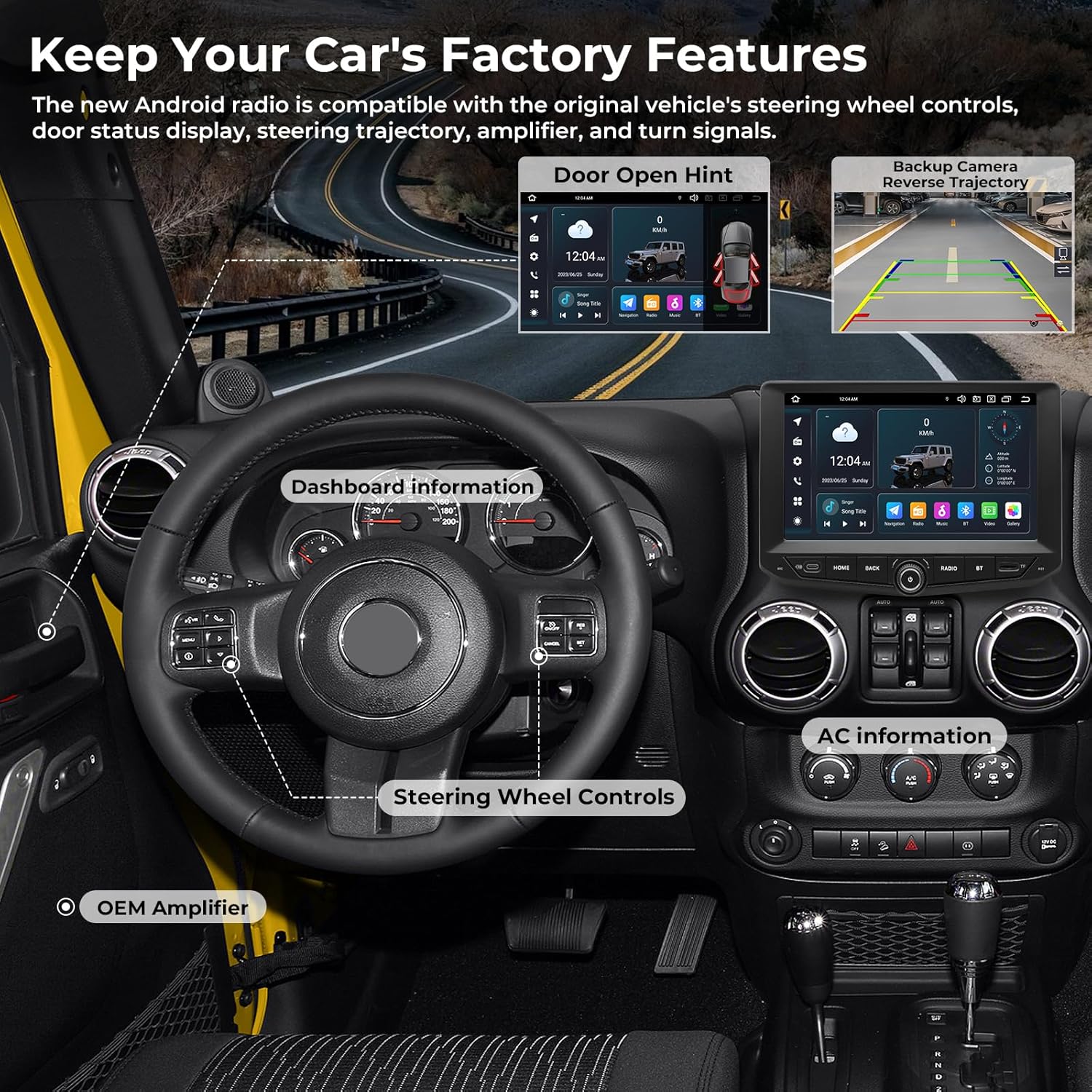SWTNVIN 9" Car Radio Stereo for Jeep Wrangler JK 2011 2012 2013 2014 2015 2016 2017, Android 14 GPS 1280x720P IPS QLED Screen,CarPlay & Android Auto,4G LTE/5G WiFi, DTS, Octa-Core 4+64GB