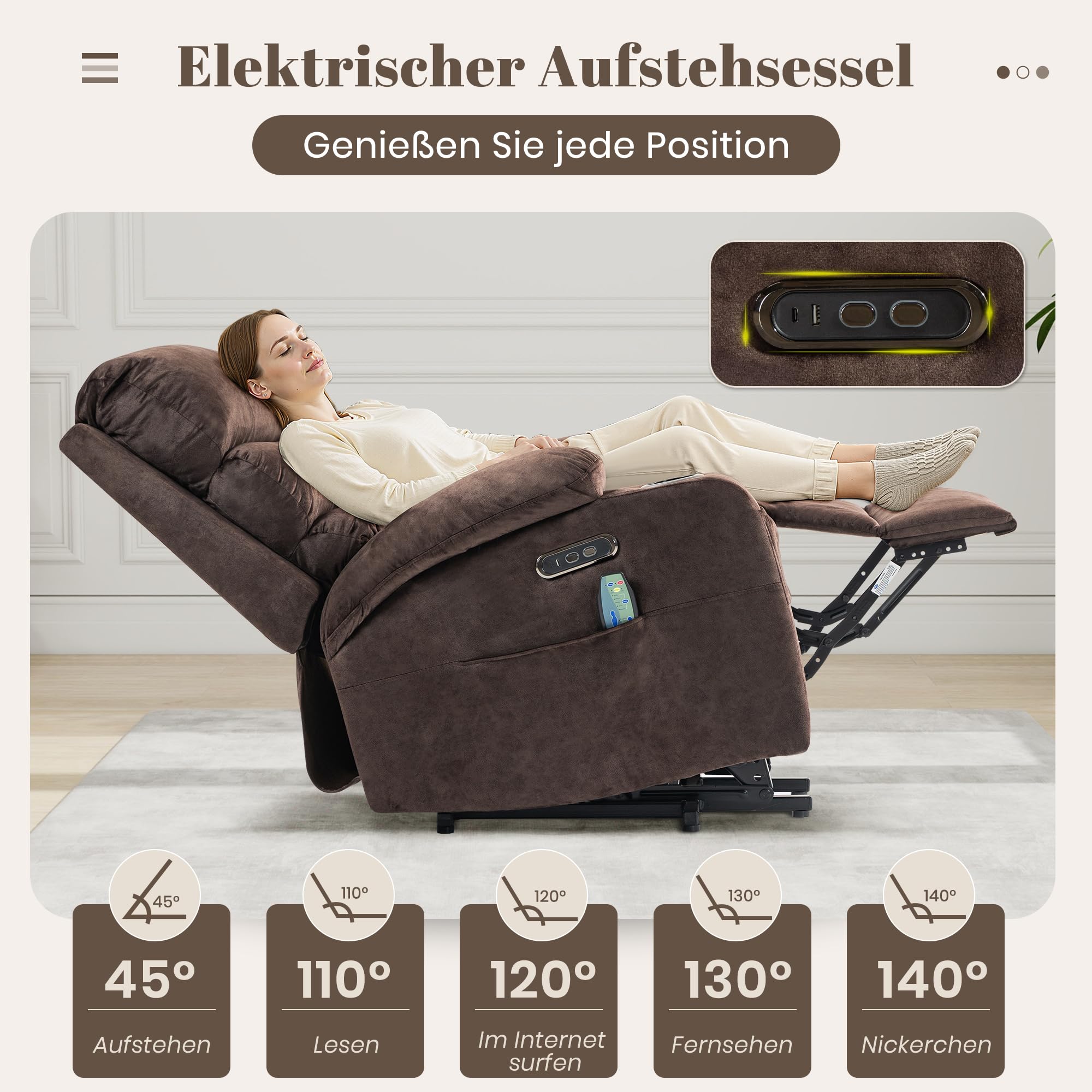 Elektrischer Aufstehsessel für Senioren, Relax- & Fernsehsessel mit Aufstehhilfe, stufenloser Liegefunktion, Massage & Heizfunktion, USB & Typ-C, Seitentaschen, Getränkehalter (Braun)