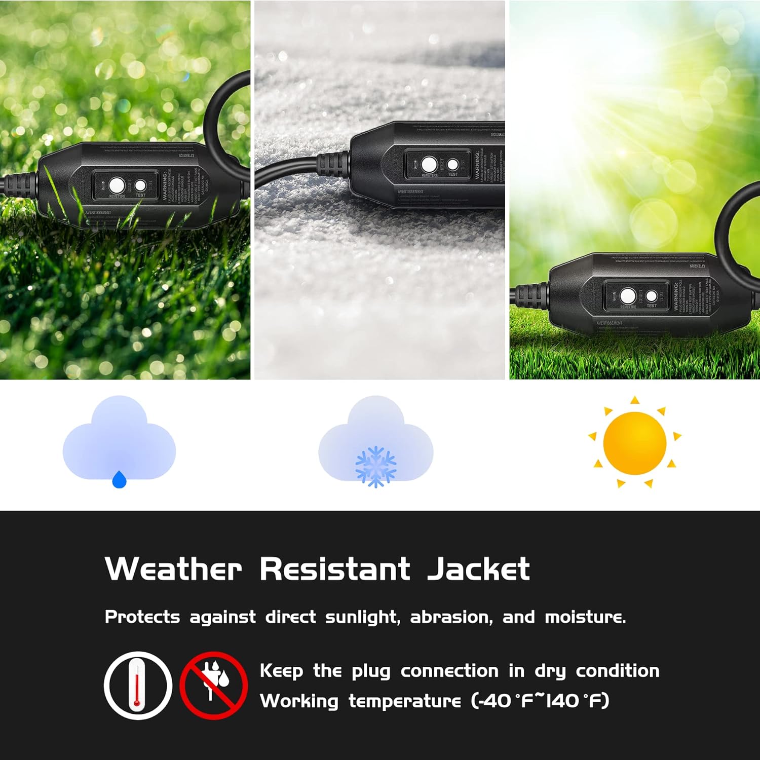 3 FT Lighted GFCI Extension Cord with 3 Power Outlets,12/3 SJTW Heavy Duty Black Extension Cable with 3 Prong Grounded Plug for Safety,UL Listed