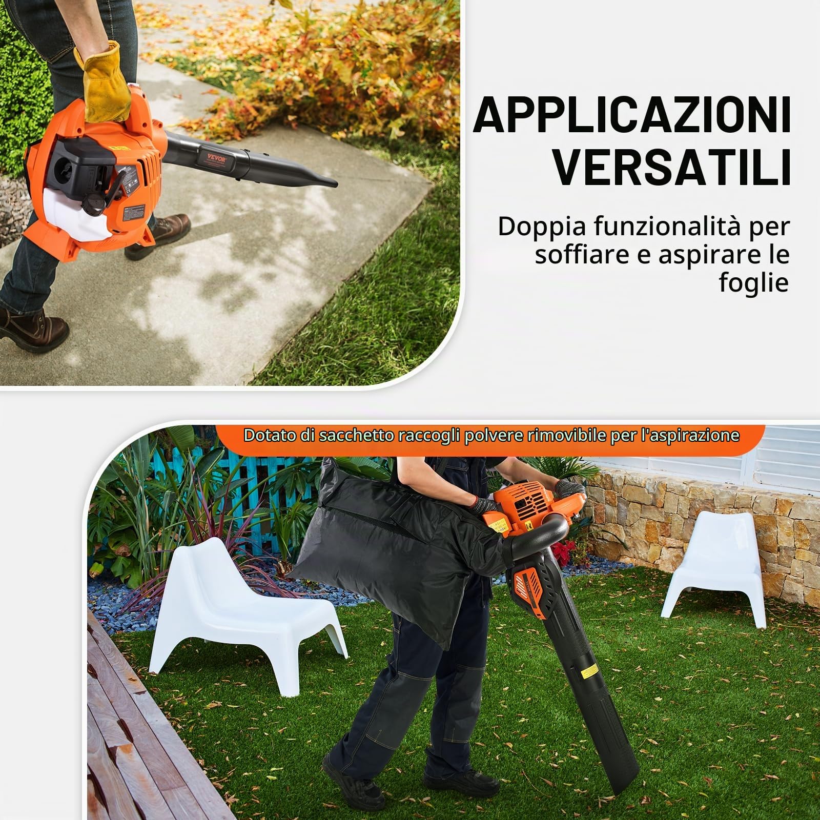 VEVOR Soffiatore per foglie a gas, Spazzaneve portatile 26 CC, Serbatoio carburante a 2 tempi, Volume d'aria 425 CFM, Velocità 95 MPH per cura del prato, Pulizia delle foglie, rimozione neve