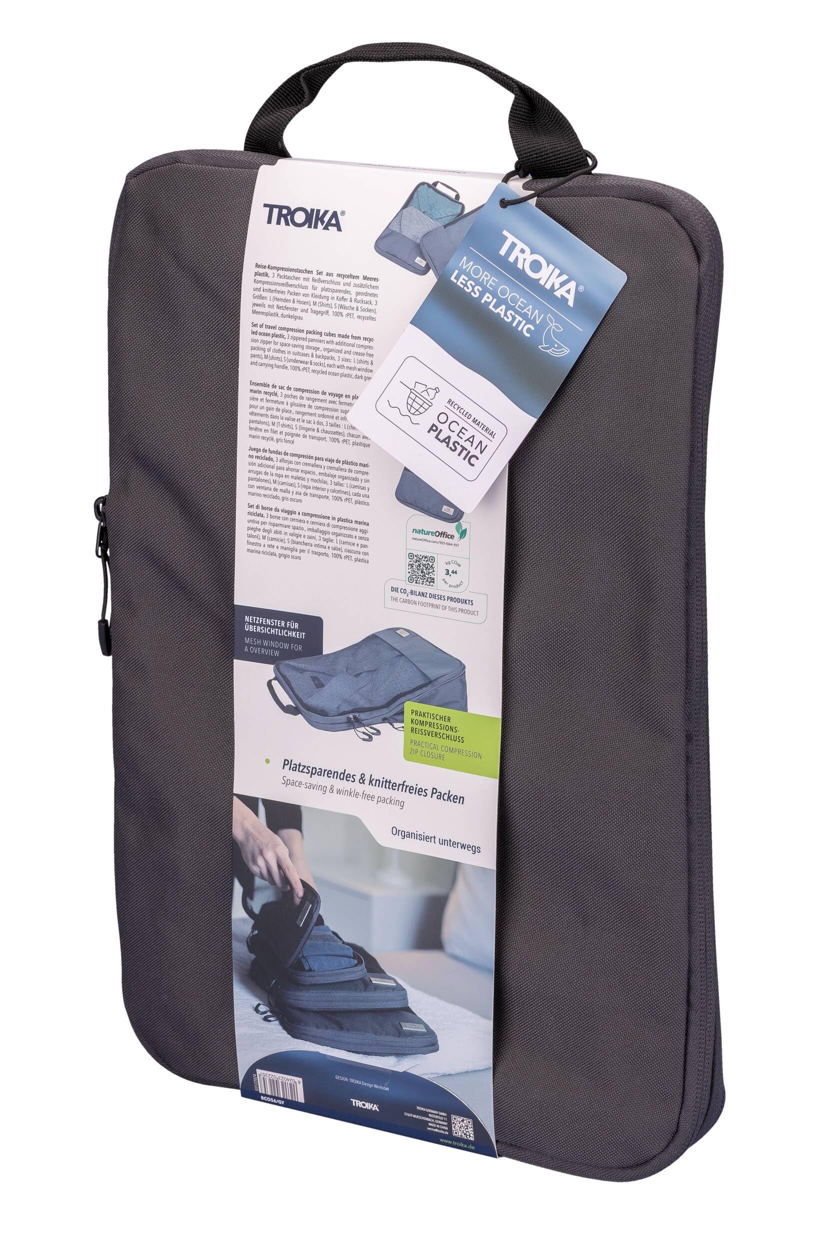 TROIKA Zestaw toreb kompresyjnych Blue CYCLE PACKING CUBES – 3 kieszenie z zamkiem błyskawicznym do oszczędzającego miejsce pakowania ubrań do walizki i plecaka – plastik morski z recyklingu –