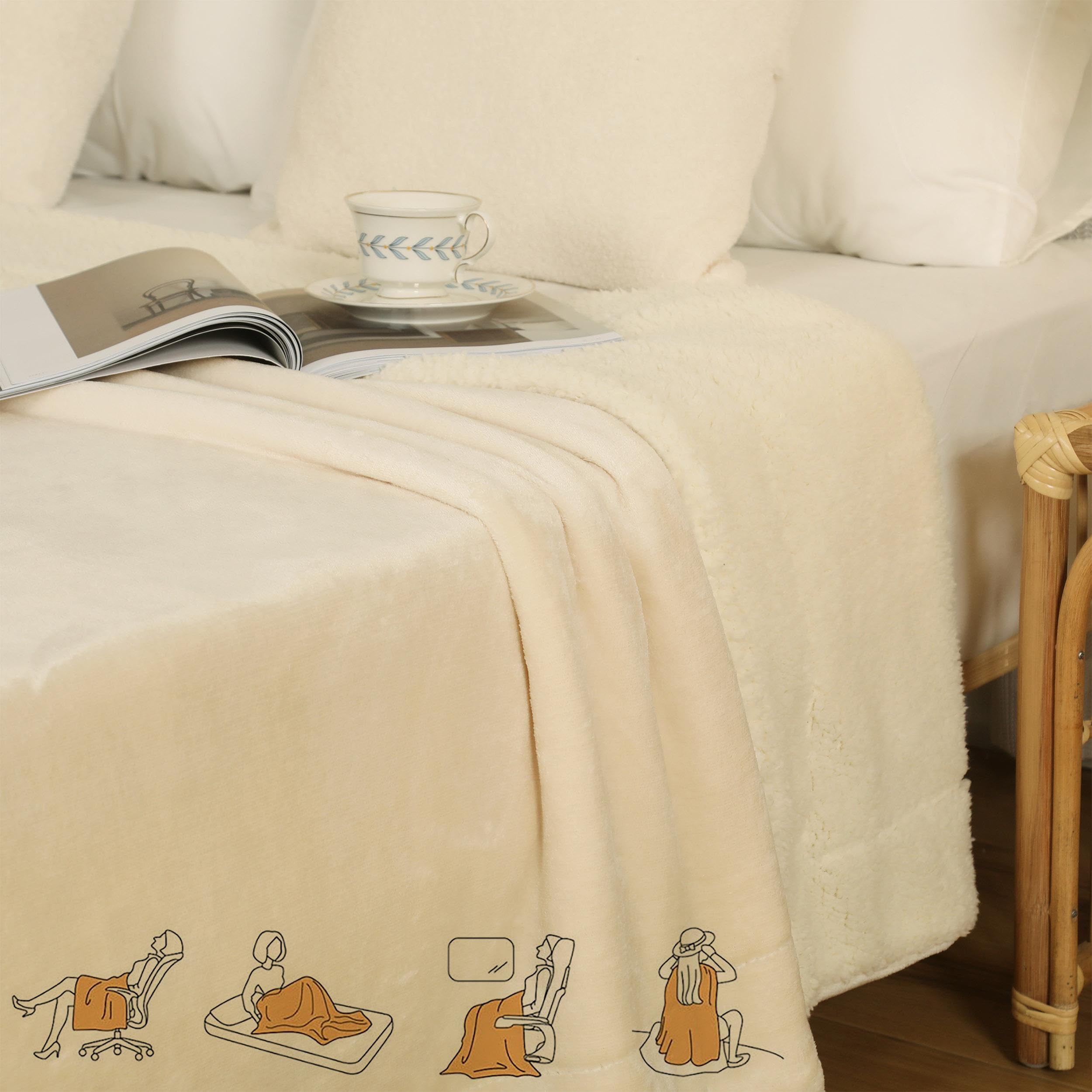 HOMEYA Manta Borreguillo para Sofa y Cama 220x240 cm - Reversible Franela y Sherpa, 100% Poliester, Suave y Calido, Manta Polar para Adulto y Niño, Beige