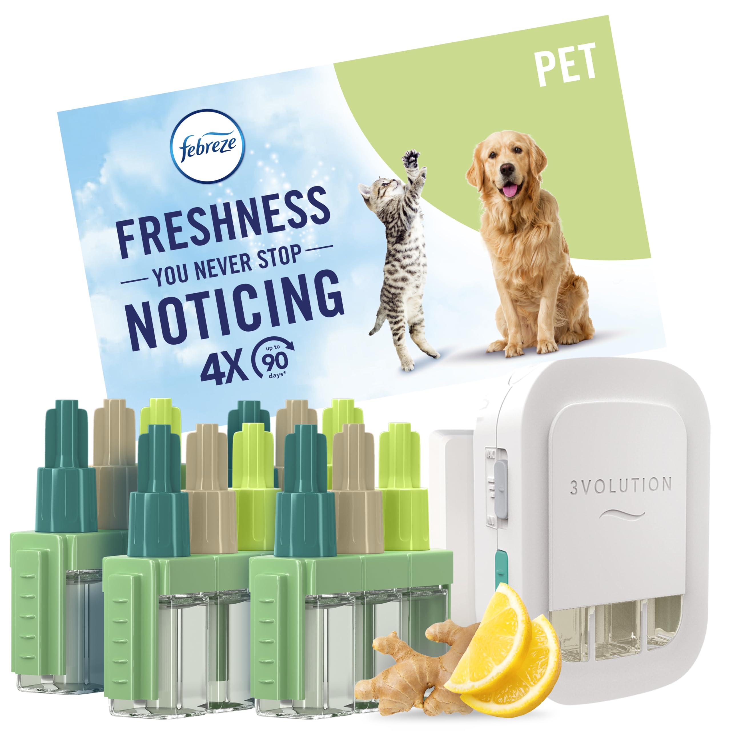 Febreze 3Volution Air Freshener Plug in Starter Kit Pet (Plug + 4 Refills) 4x20ML, 3 Alternating Scents to Fight Odours