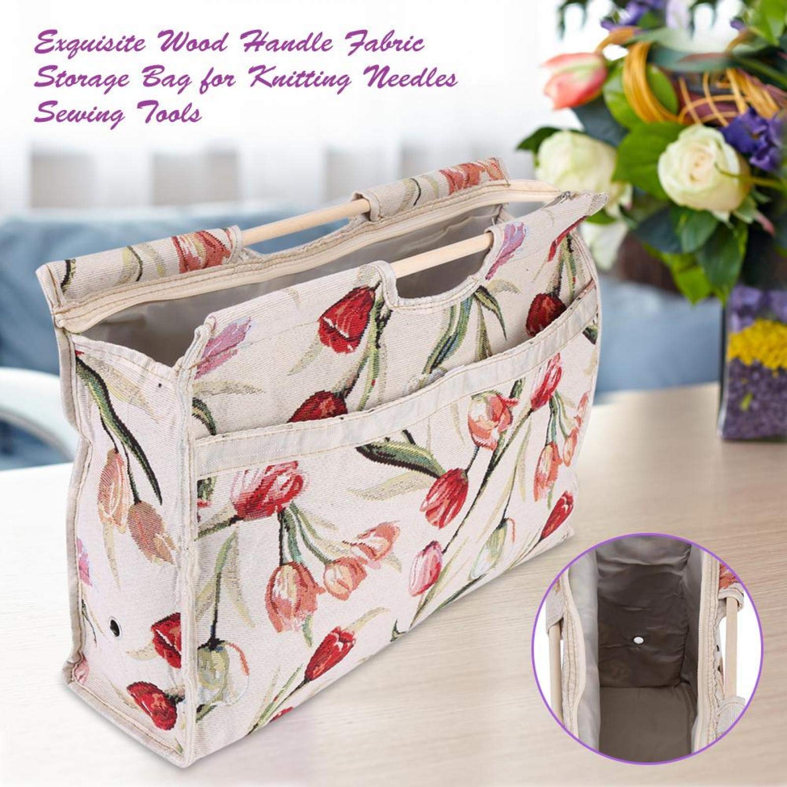 Borsa per maglieria con manico in legno, 1pc Borsa portaoggetti in tessuto intrecciato con manico in legno squisito per ferri da maglia Strumenti di cucito(Fiore rosso)