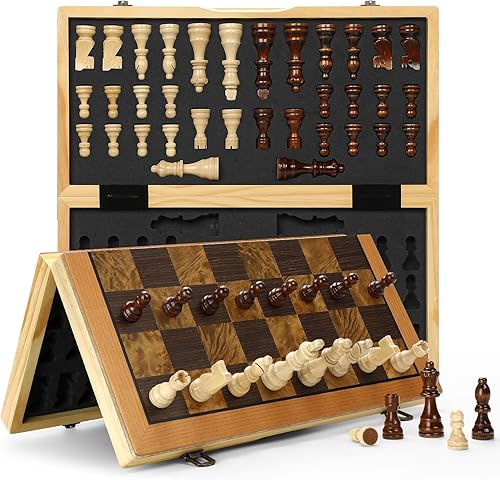 Juego de ajedrez magnético de madera, juego de ajedrez para adultos y niños, juego de ajedrez portátil plegable de 15 pulgadas con caja de