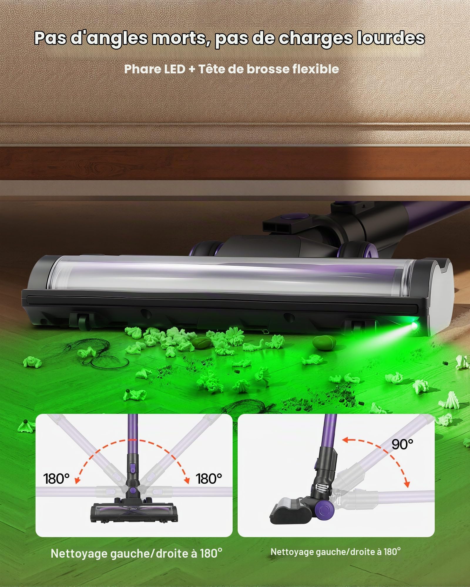 VEVOR Aspirateur Balai sans Fil à Aspiration Puissante 25 kPa, Aspirateur Laveur Rechargeable Anti-enchevêtrement avec Bac à Poussière, Léger avec Autonomie de 35 Minutes, pour Tapis Poils Sols Durs