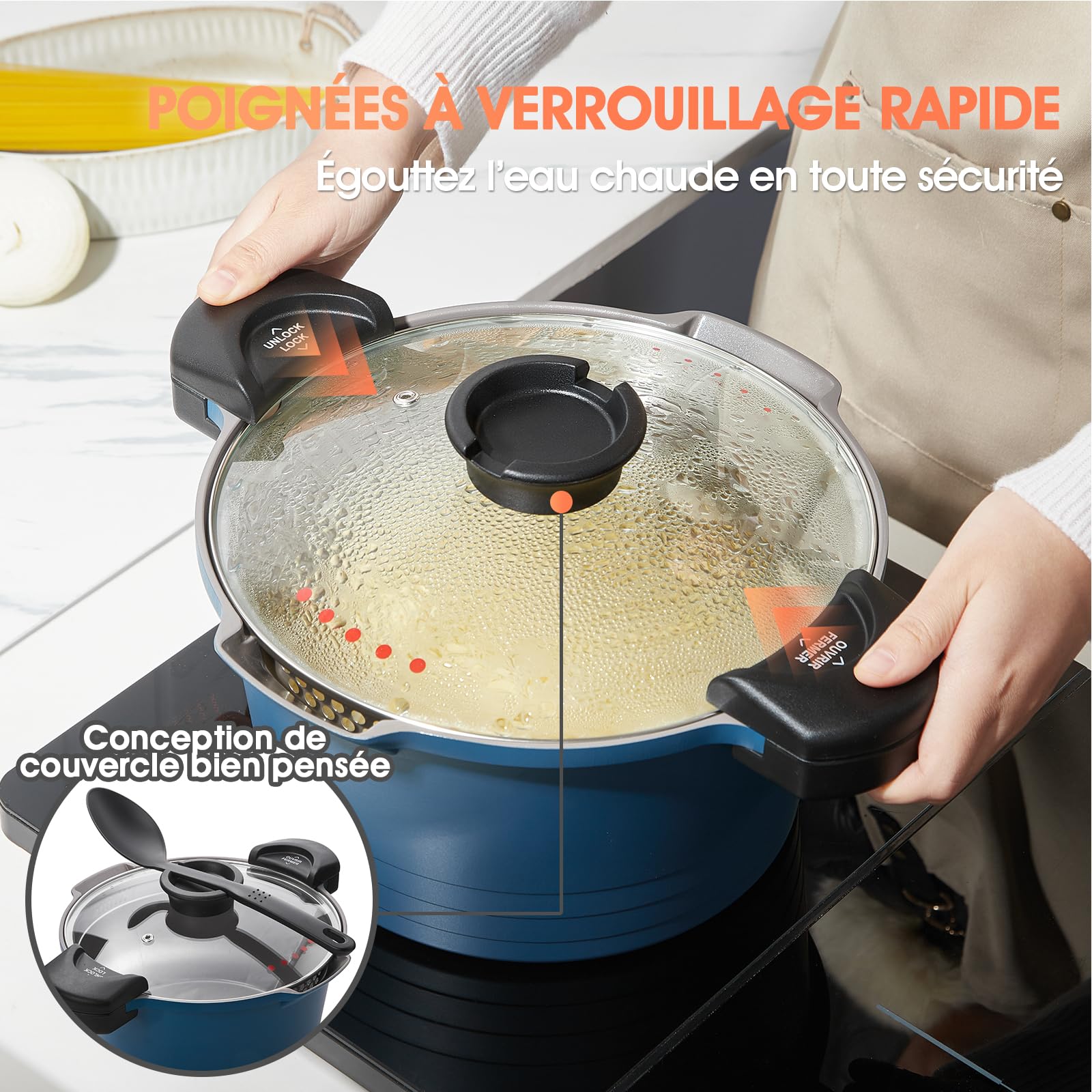 ROSSETTO Cuiseur à pâtes 24 cm 4,5L casserole induction, Revêtement Anti-Adhérent céramique, Faitout Marmite Fonte Aluminium tout feux, Couvercle en Verre, Bleu