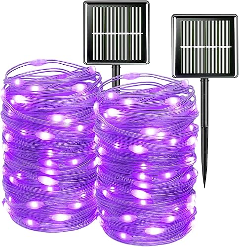QITONG Paquete de 2 luces solares de PVC mejoradas, cada una de 33 pies, 100 luces LED solares blancas cálidas al aire libre, impermeables, 8 modos
