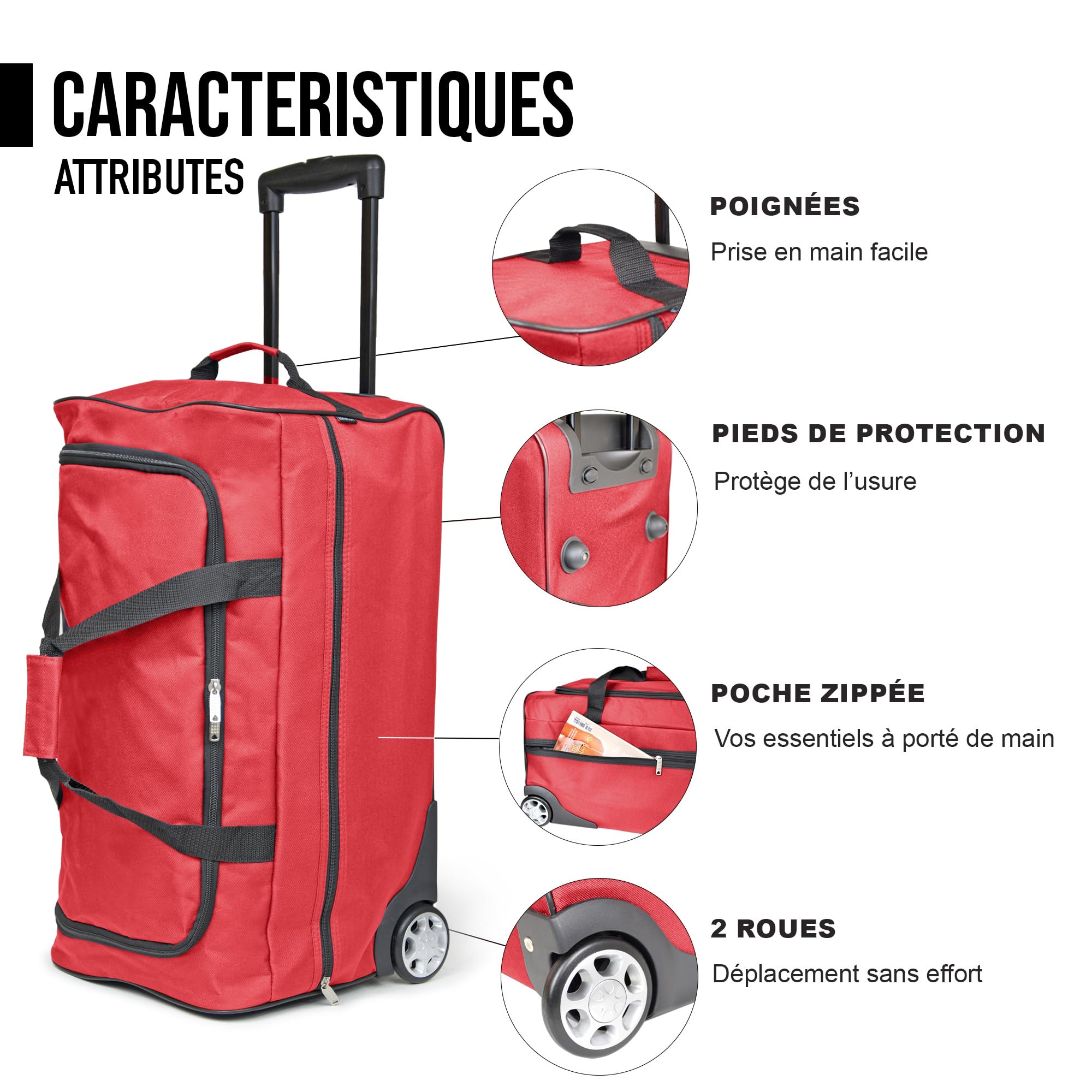KINSTON Borsa da Viaggio Trolley - Borsa con Ruote e Manico Telescopico, Scomparto Principale Capiente e Tasca Laterale con Cerniera - Bagaglio a Mano Ideale per Viaggi e Weekend - ROSSO L