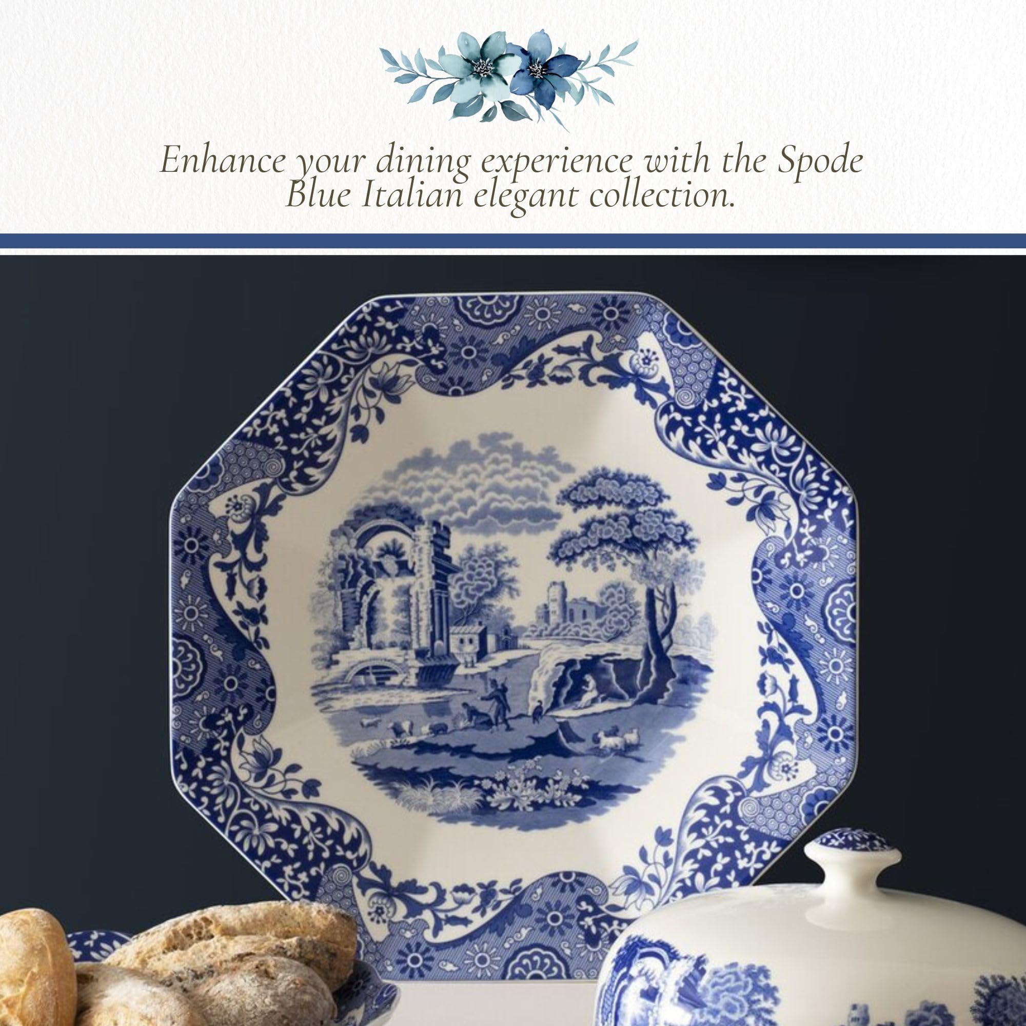 Spode Blue Italian Octagonal Dish - 14-Inch Porcelain Serving Piece with Bold Intricate Scroll Border, Decorative Table Dish for Salads, Appetizers, Pasta, Desserts - Housewarming Gift