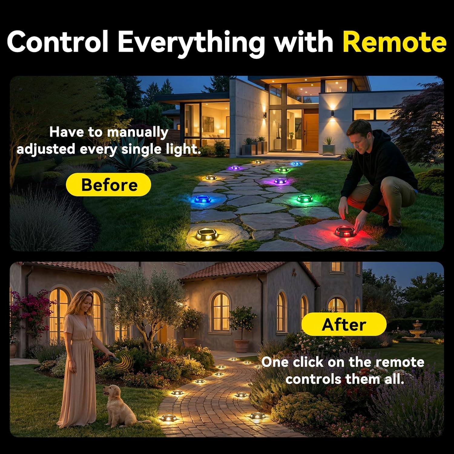 AGPTEK 12 Modes 9 in 1 Solar Outdoor Lights with Remote Control 4 Pack, 30H Runtime,IP67 Waterproof,3-Ton Load Capacity,RGB Color Changing Deck Lights for Patio, Garden, Driveway, Dock, Stairs, Round