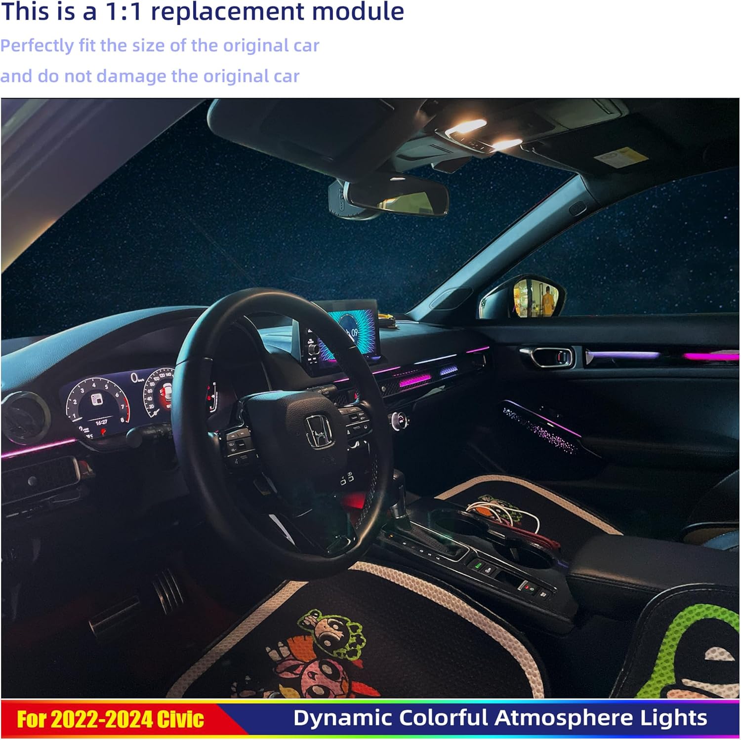 Ambient Lighting Kit for 11th gen Honda Civic，Interior Car Neon Lights for 2022 2023 2024 2025 Civic, Button and APP-Controlled RGB LED Strip Lights