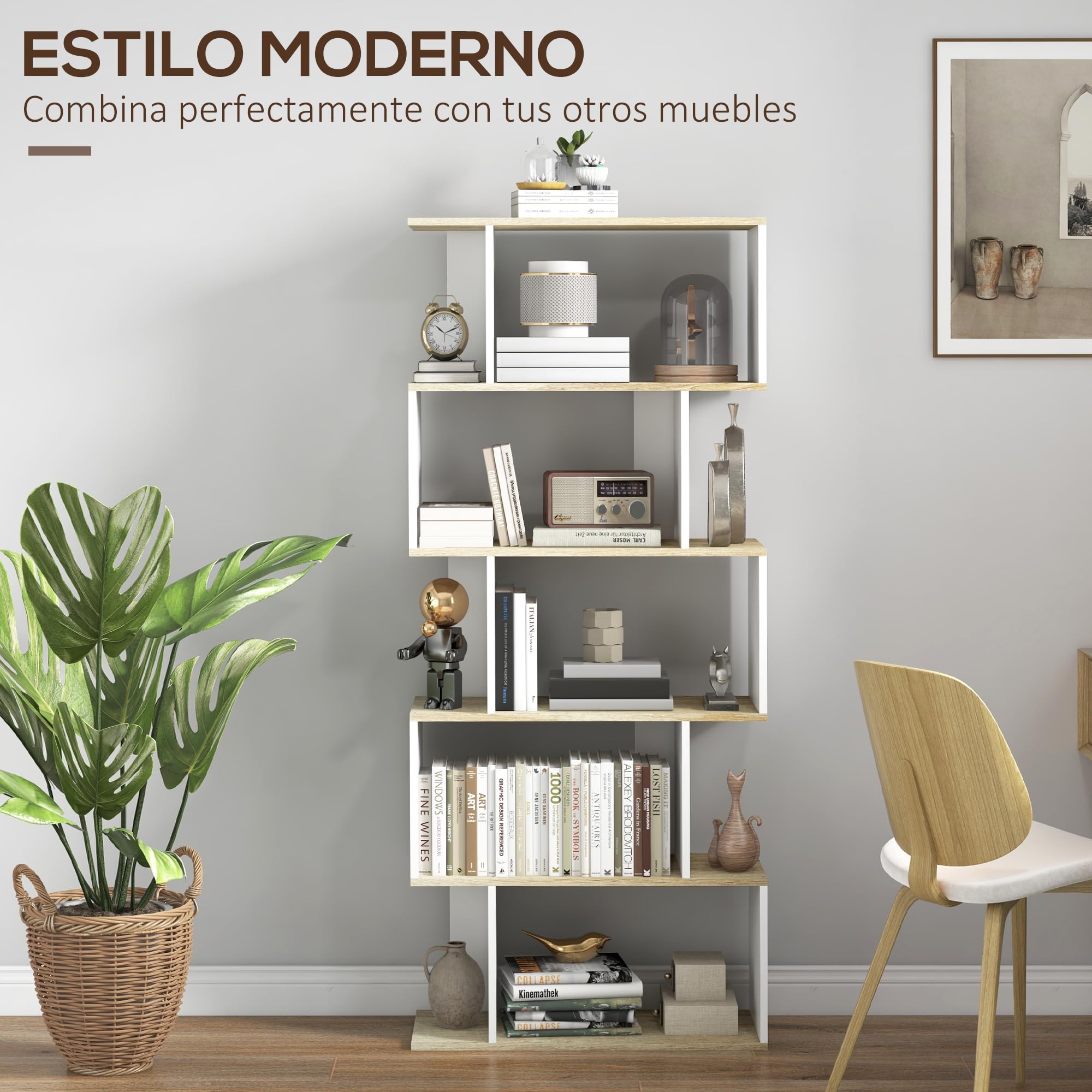 HOMCOM Estantería Librería Estilo Nórdico Librería con 5 Estantes Antivuelco Carga 25 kg para Estudio Oficina Salón 70x29,5x163 cm Roble y Blanco