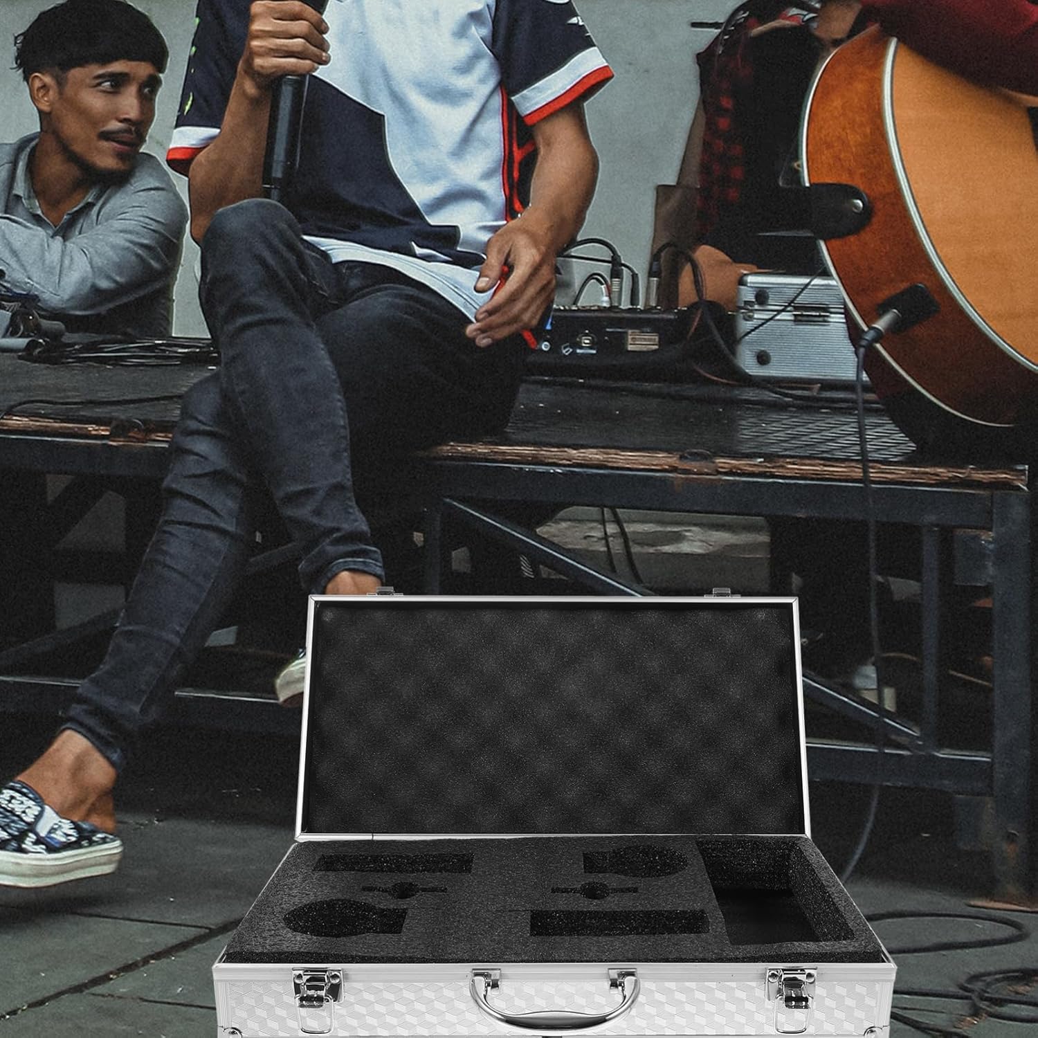 Aluminum Wireless Microphone Case Hard Carrying Briefcase 2 Slots for KTV Mic Storage Metal Briefcase for Travel and Protection