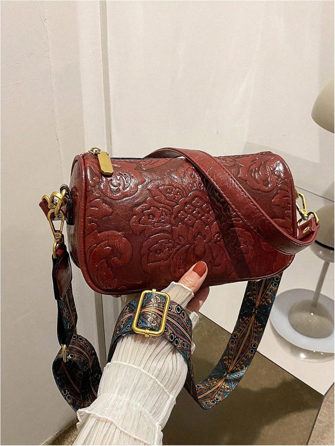 QWINEE Women's Western Purse Floral Zipper Tooled Leather Crossbody Bag Vintage Country Cowgirl Hobo Square Purse - Image 2