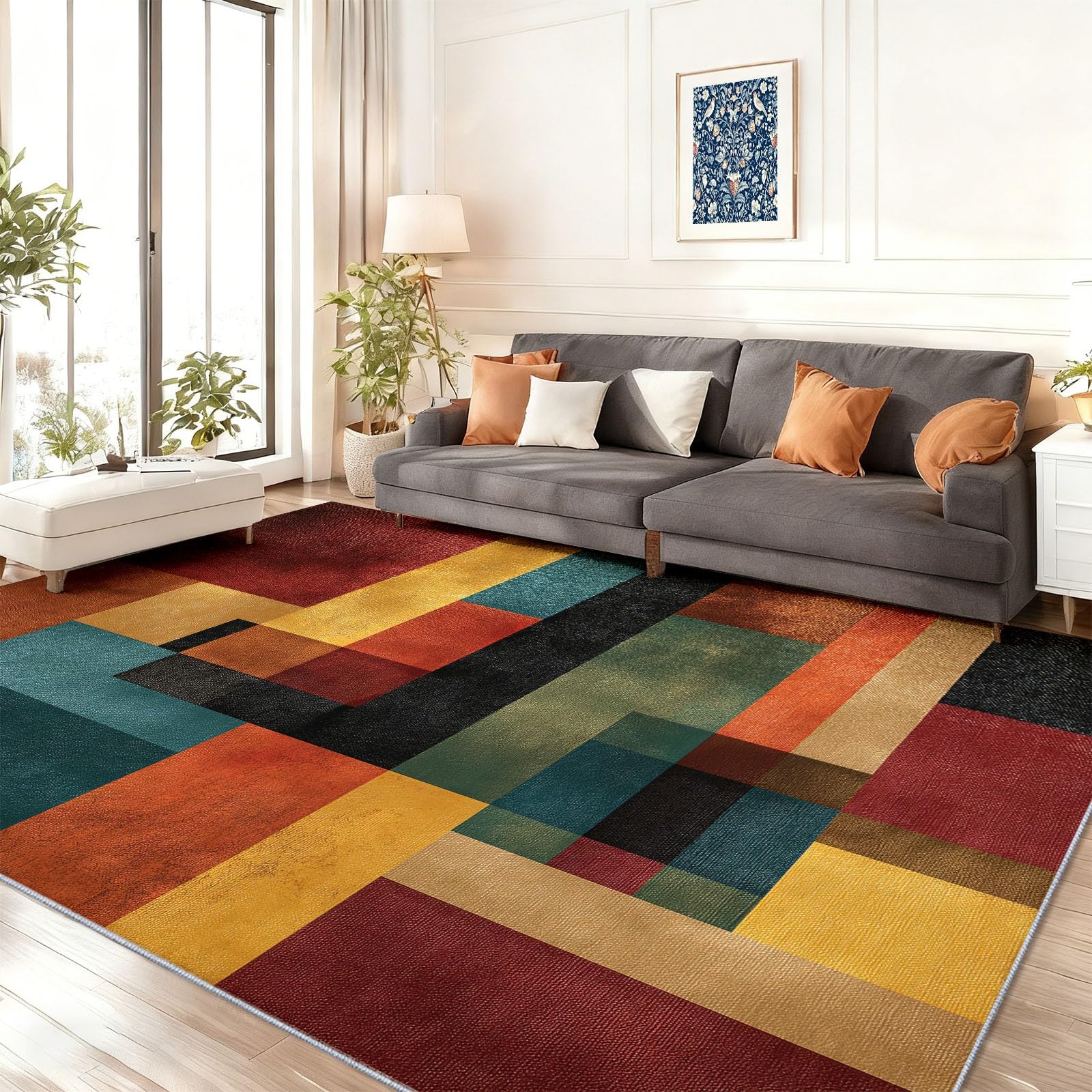 Dywan można prać w pralce, 160 x 230 cm, kolorowy dywan z niskim runem z antypoślizgowym spodem, nie gubi włosia, do salonu, sypialni, kuchni, jadalni - abstrakcyjna geometryczna tekstura, prostokątne
