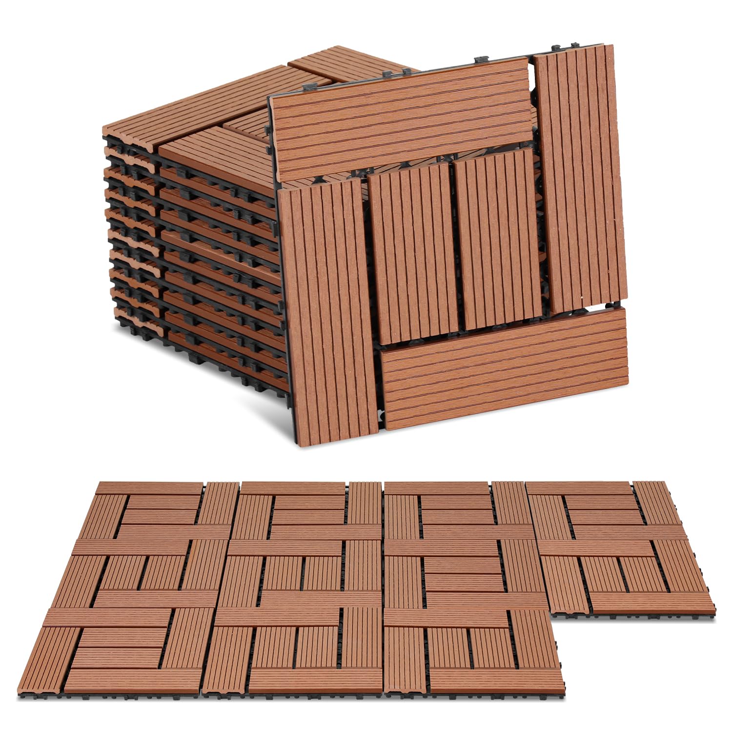 110er Set WPC Terrassenfliesen, 30x30cm Balkonfliesen Klickfliesen, WPC Fliesen für 10m², Bodenbelag mit Drainage und Klicksystem, Terrassendielen Wasserfest, für Balkon Terrasse, Braun