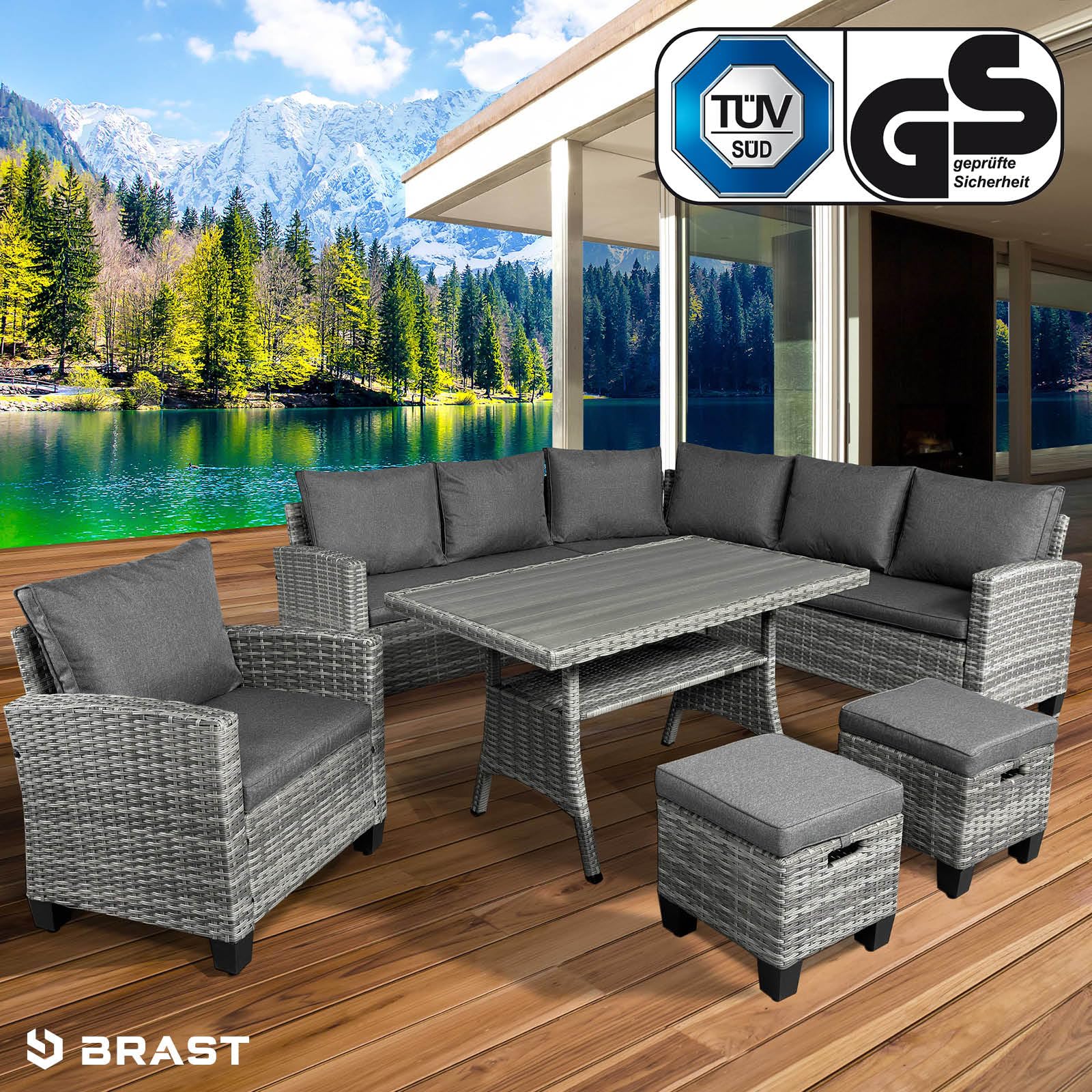 BRAST Gartenmöbel Set Hacienda | bis zu 10 Personen viele Farben | inkl. Kissen & Abdeckung | TÜV geprüft | Outdoor Loungemöbel Sitzgruppe Essgruppe Garnitur | Grau/Anthrazit