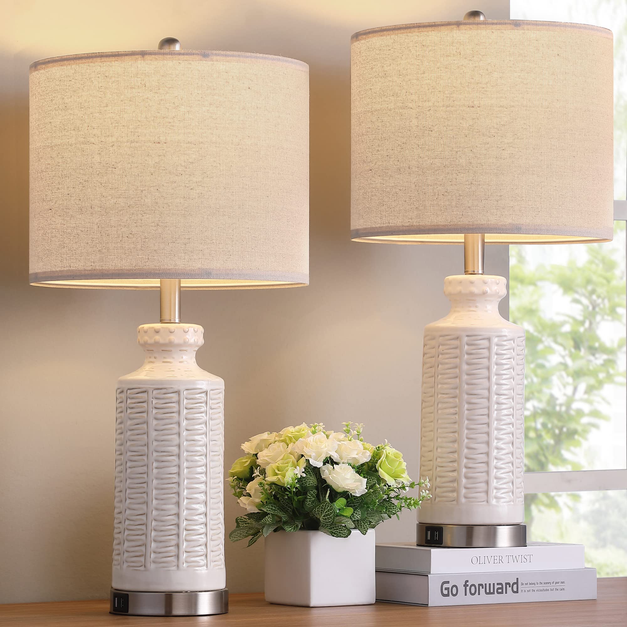 28" White Ceramic Table Lamp Set of 2, Modern Nightstand Lamp with USB Charging Port, 3 Way Touch Control Table Lamp for Living Room and Bedroom?LED Bulbs Included?