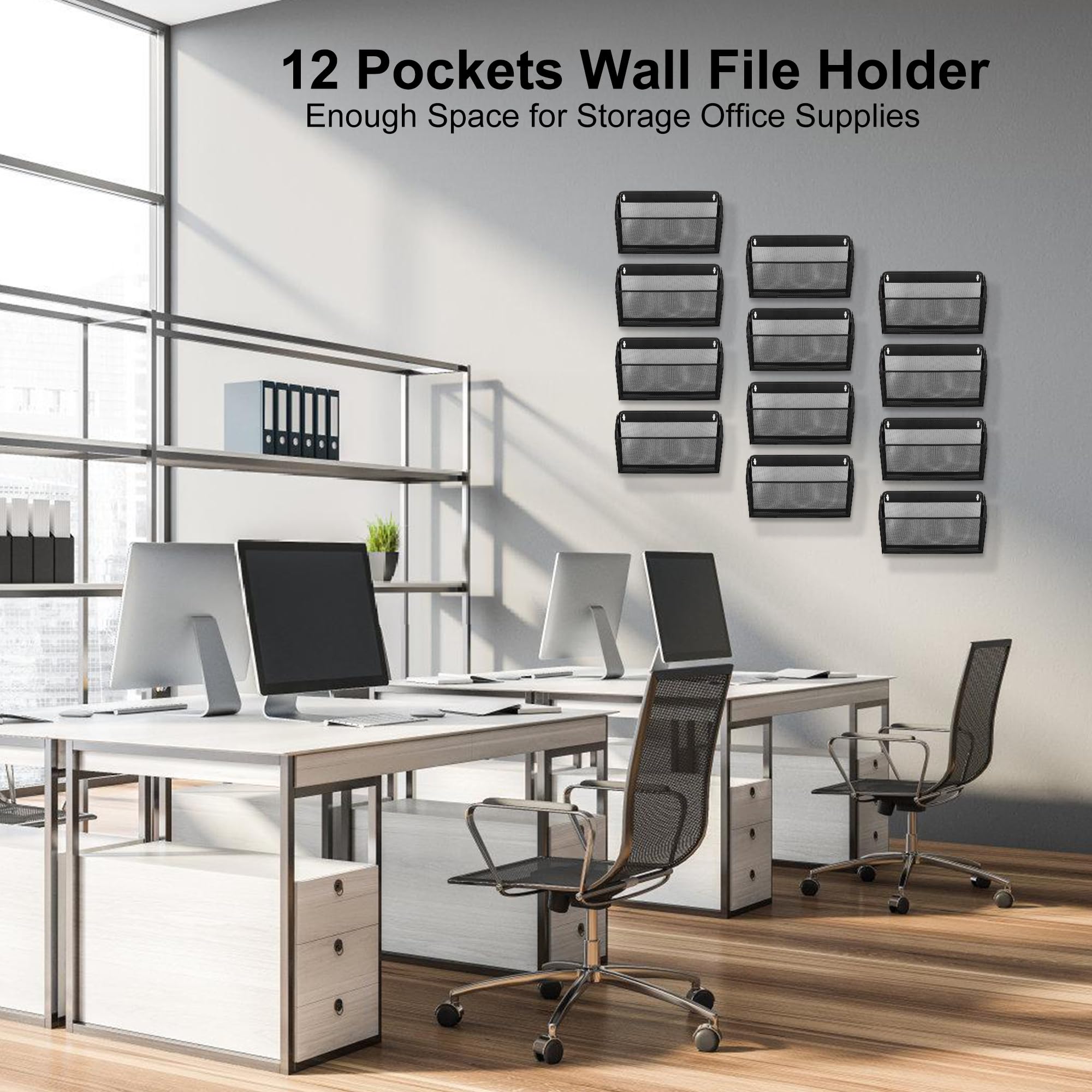 TQVAI 12 Taschen Zeitschriftenhalter Wand Metall Dokumenten A4 Papier Organizer für Büro Zuhause Schule, Schwarz