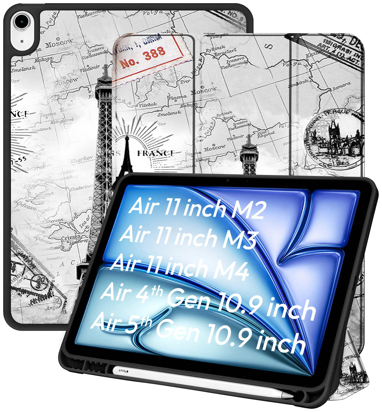 robustrion case cover for ipad air 11 inch cover m4 / m3 / m2 / ipad air 5th generation cover/ipad air 4th generation with [pencil holder] for ipad air 11 inch m4 m3 m2 /air 4 5 10.9" - eiffel