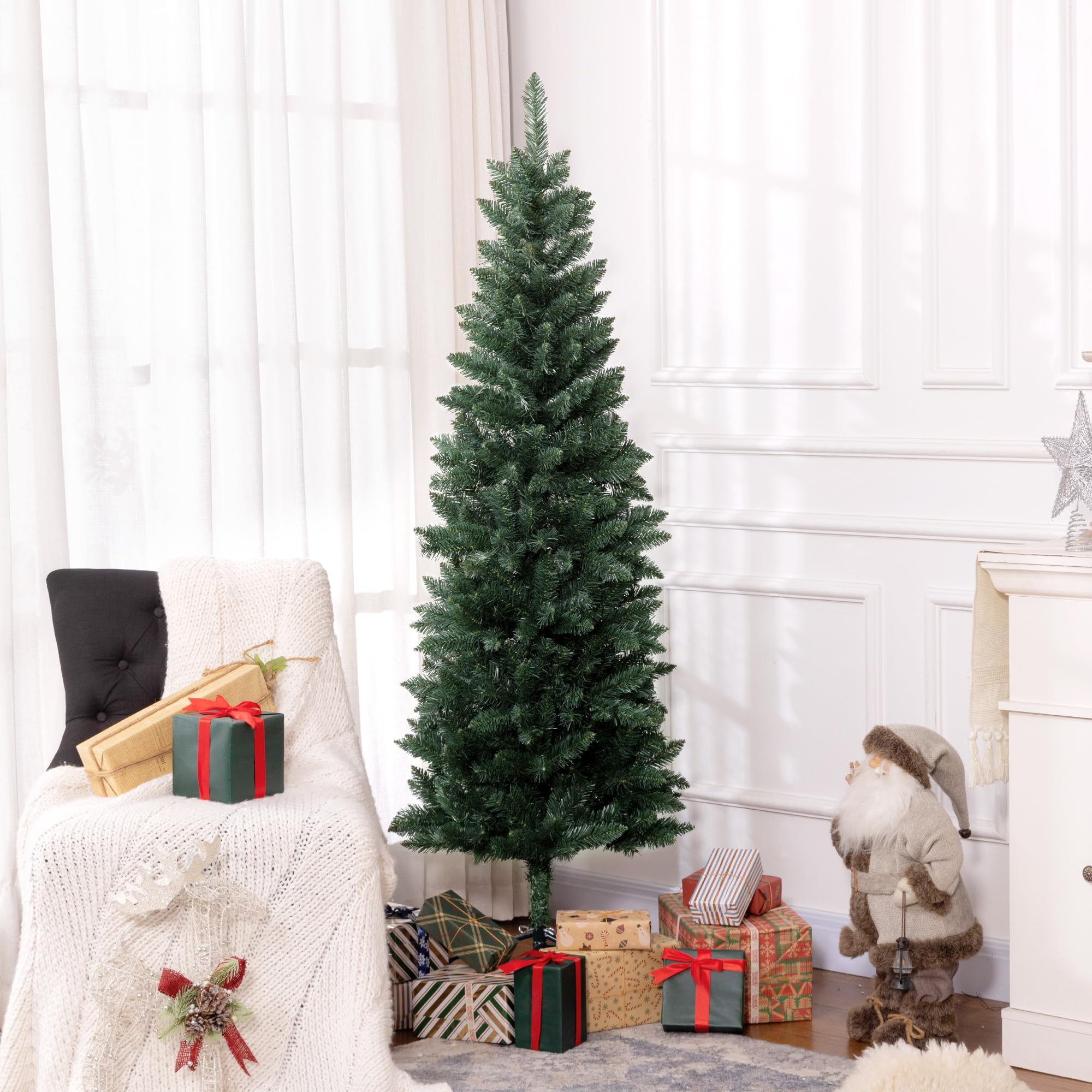 HOMCOM Árbol de Navidad Estrecho 183 cm Base Plegable 479 Ramas Verde