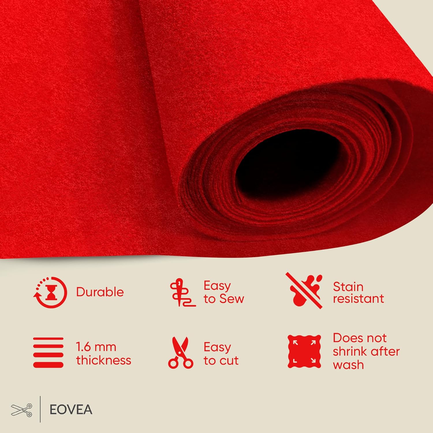 EOVEA - Acrylic Felt Fabric by The Yard - Soft and Durable 72" Wide & 1.6mm Thick Felt Sheets for DIY Crafts, Sewing, Upholstery, Cushion, Padding, Costumes(Red, 5 Yard)