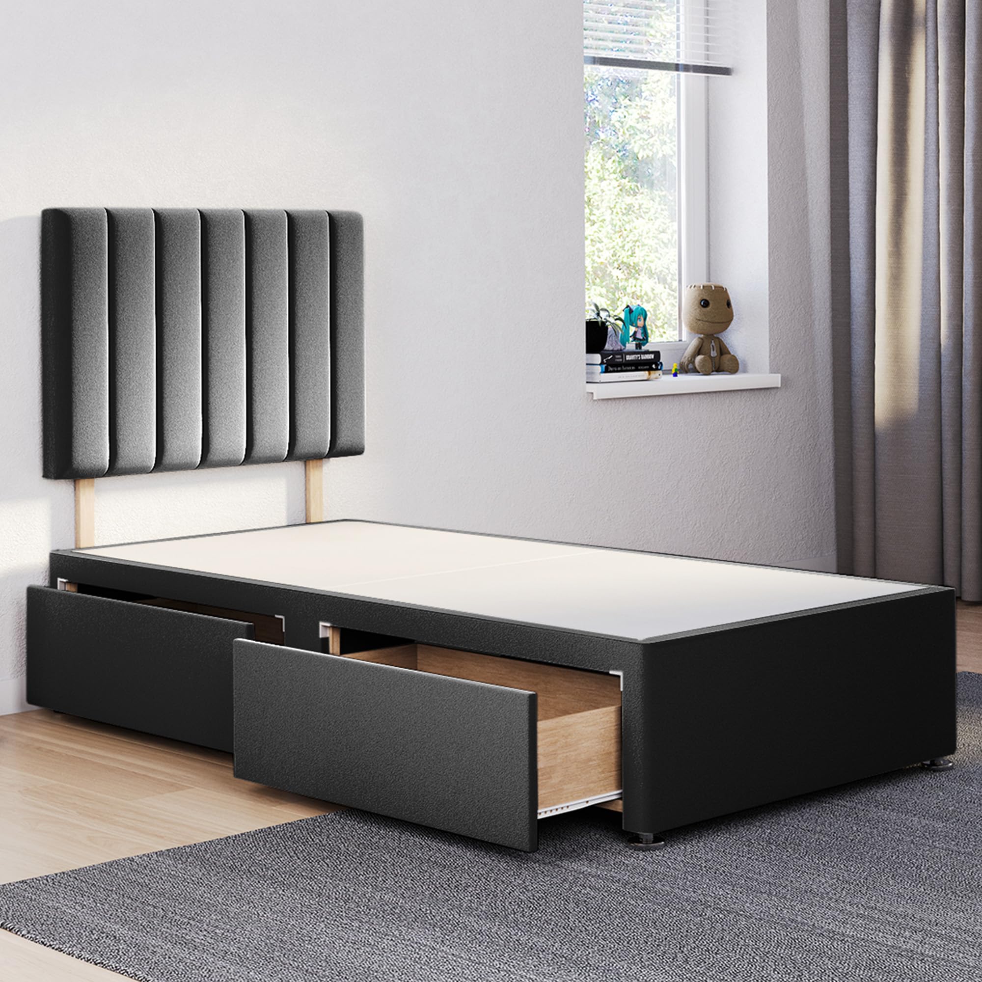 ComfoRest Stripe 3FT Divan Single Bed with storage drawers (x2) – Black base and 24 inch headboard – sturdy base for all mattress types, easy assembly, UK made